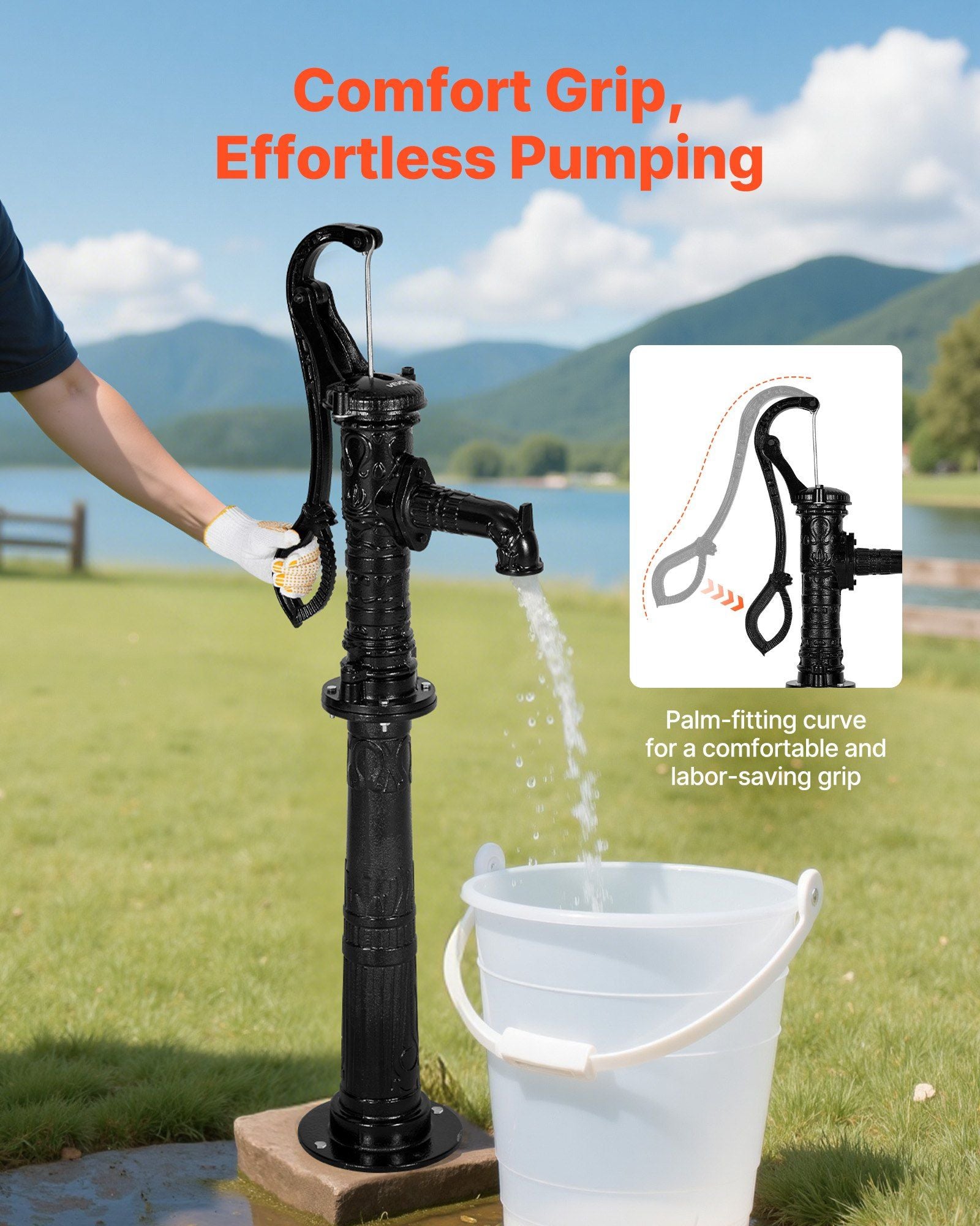 Well Hand Pitcher Pump, 20 ft Max Lift, Antique Cast Iron Manual Hand Water Pump with Heightening Base, NPT 1-1/4 in Connection, Easy Installation, for Outdoor Garden, Pond, Yard, Farm, Black