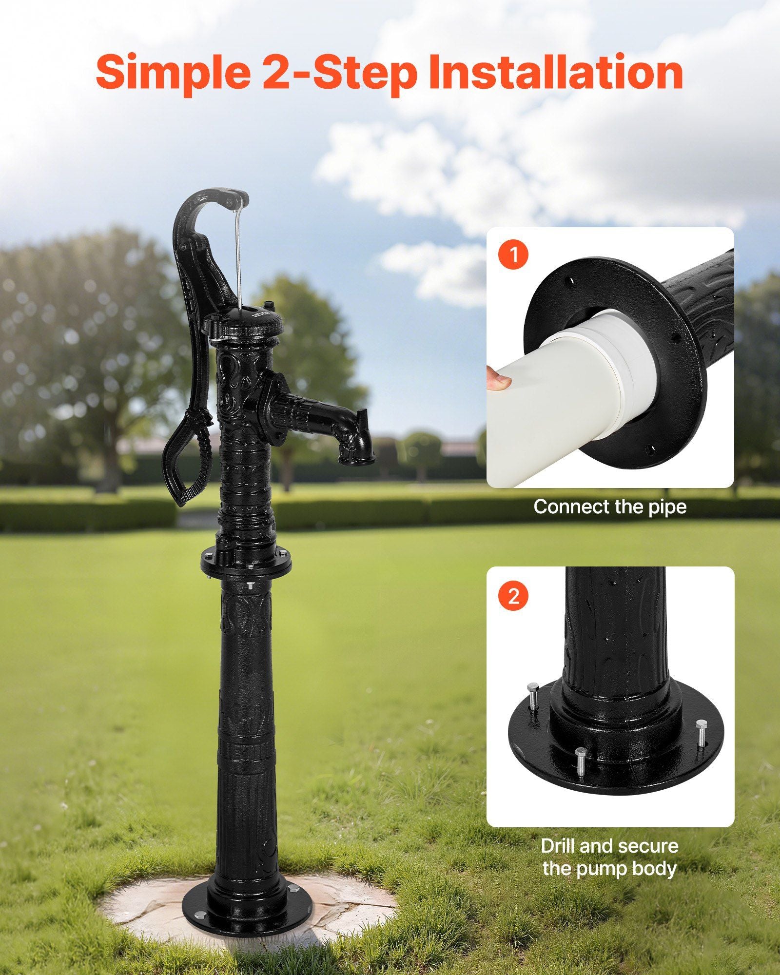 Well Hand Pitcher Pump, 20 ft Max Lift, Antique Cast Iron Manual Hand Water Pump with Heightening Base, NPT 1-1/4 in Connection, Easy Installation, for Outdoor Garden, Pond, Yard, Farm, Black