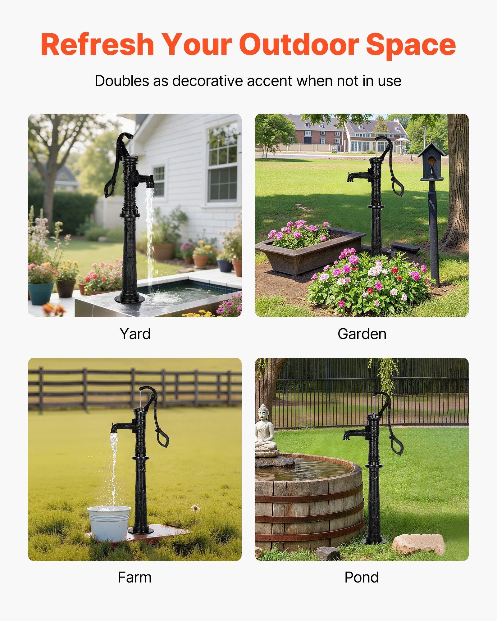 Well Hand Pitcher Pump, 20 ft Max Lift, Antique Cast Iron Manual Hand Water Pump with Heightening Base, NPT 1-1/4 in Connection, Easy Installation, for Outdoor Garden, Pond, Yard, Farm, Black