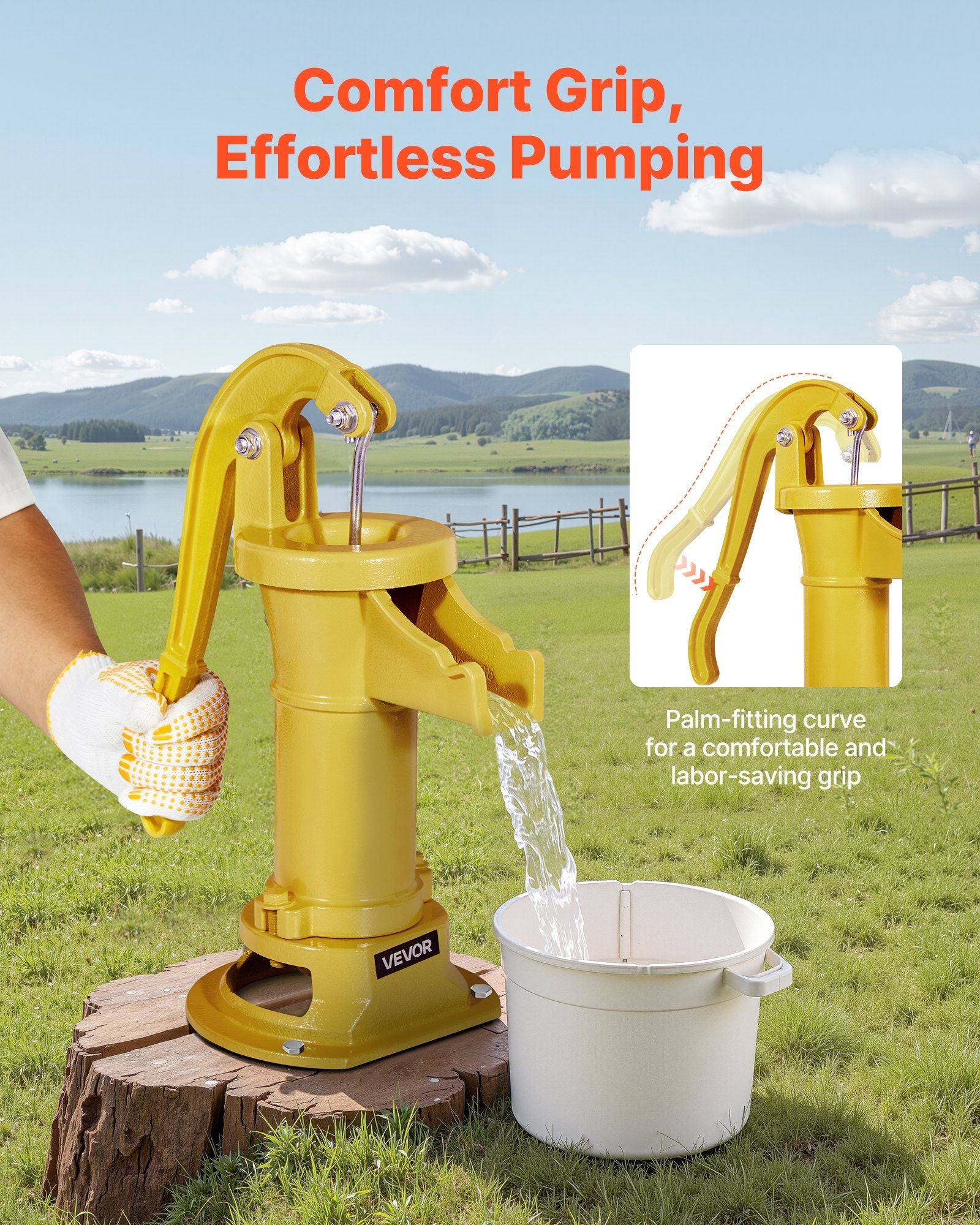 Well Hand Pitcher Pump, 25 ft Maximum Lift, Antique Cast Iron Manual Hand Water Pump, NPT 1-1/4 in Connection, Easy Installation, Old Fashioned for Outdoor Garden, Pond, Backyard, Farm, Yellow