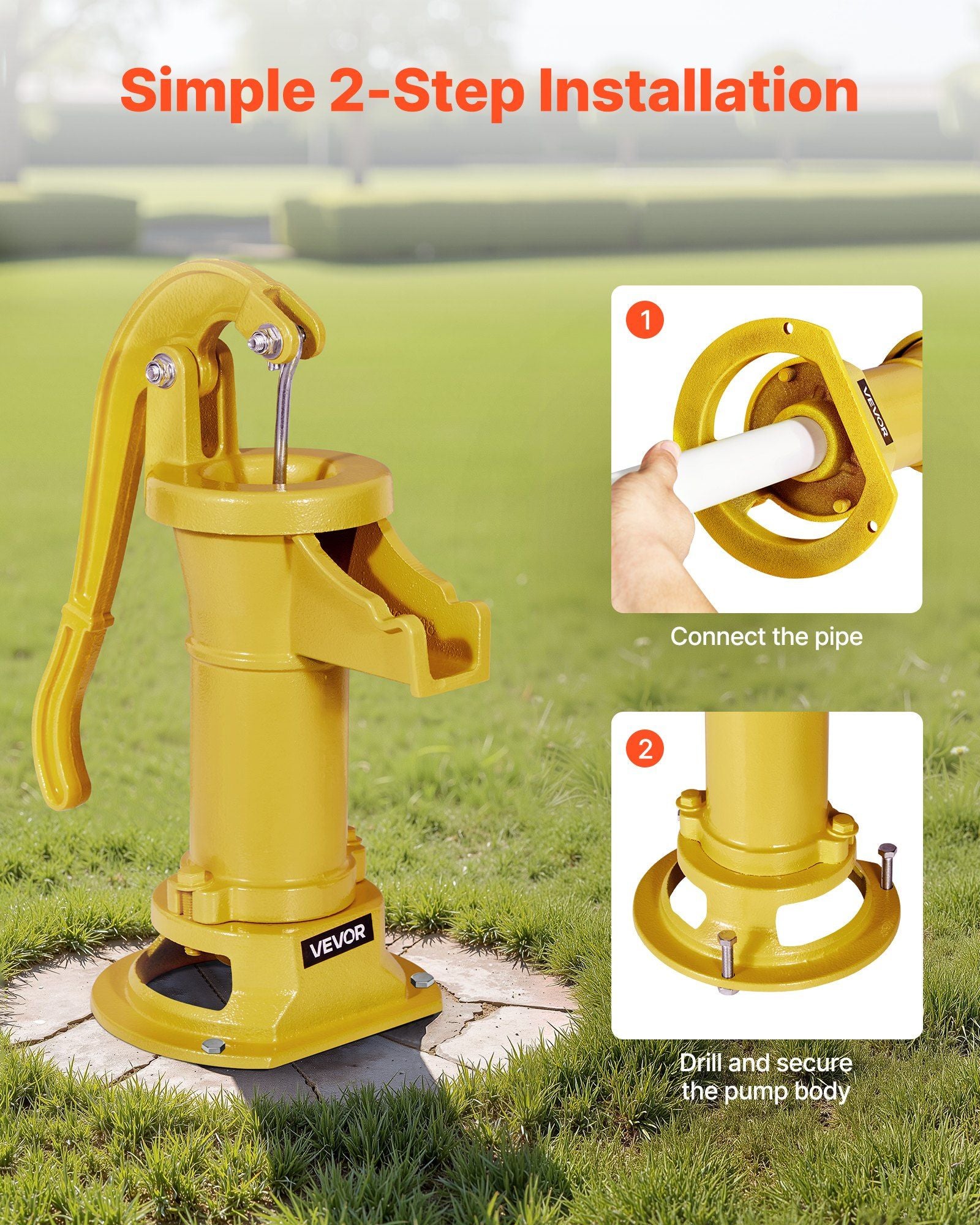 Well Hand Pitcher Pump, 25 ft Maximum Lift, Antique Cast Iron Manual Hand Water Pump, NPT 1-1/4 in Connection, Easy Installation, Old Fashioned for Outdoor Garden, Pond, Backyard, Farm, Yellow