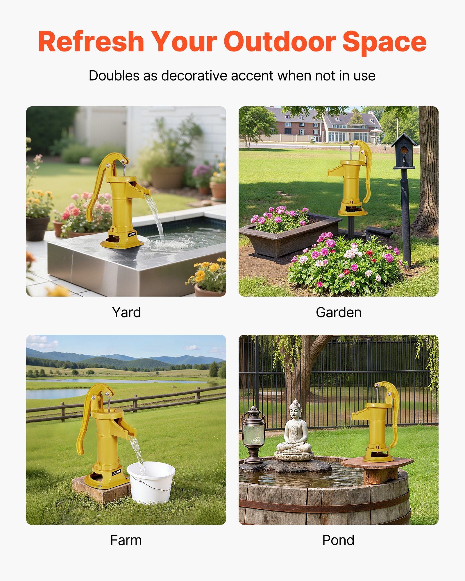 Well Hand Pitcher Pump, 25 ft Maximum Lift, Antique Cast Iron Manual Hand Water Pump, NPT 1-1/4 in Connection, Easy Installation, Old Fashioned for Outdoor Garden, Pond, Backyard, Farm, Yellow