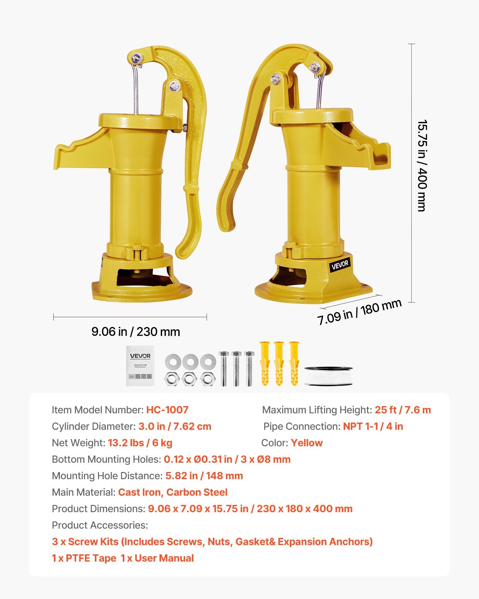 Well Hand Pitcher Pump, 25 ft Maximum Lift, Antique Cast Iron Manual Hand Water Pump, NPT 1-1/4 in Connection, Easy Installation, Old Fashioned for Outdoor Garden, Pond, Backyard, Farm, Yellow