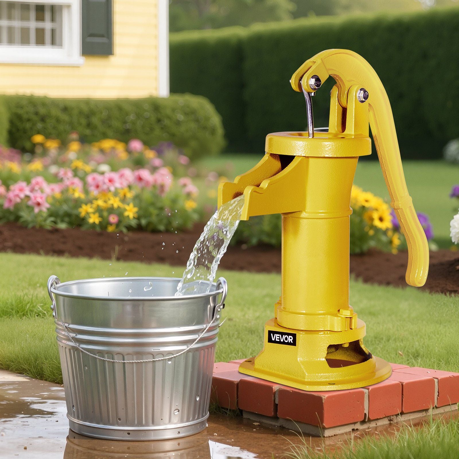 Well Hand Pitcher Pump, 25 ft Maximum Lift, Antique Cast Iron Manual Hand Water Pump, NPT 1-1/4 in Connection, Easy Installation, Old Fashioned for Outdoor Garden, Pond, Backyard, Farm, Yellow
