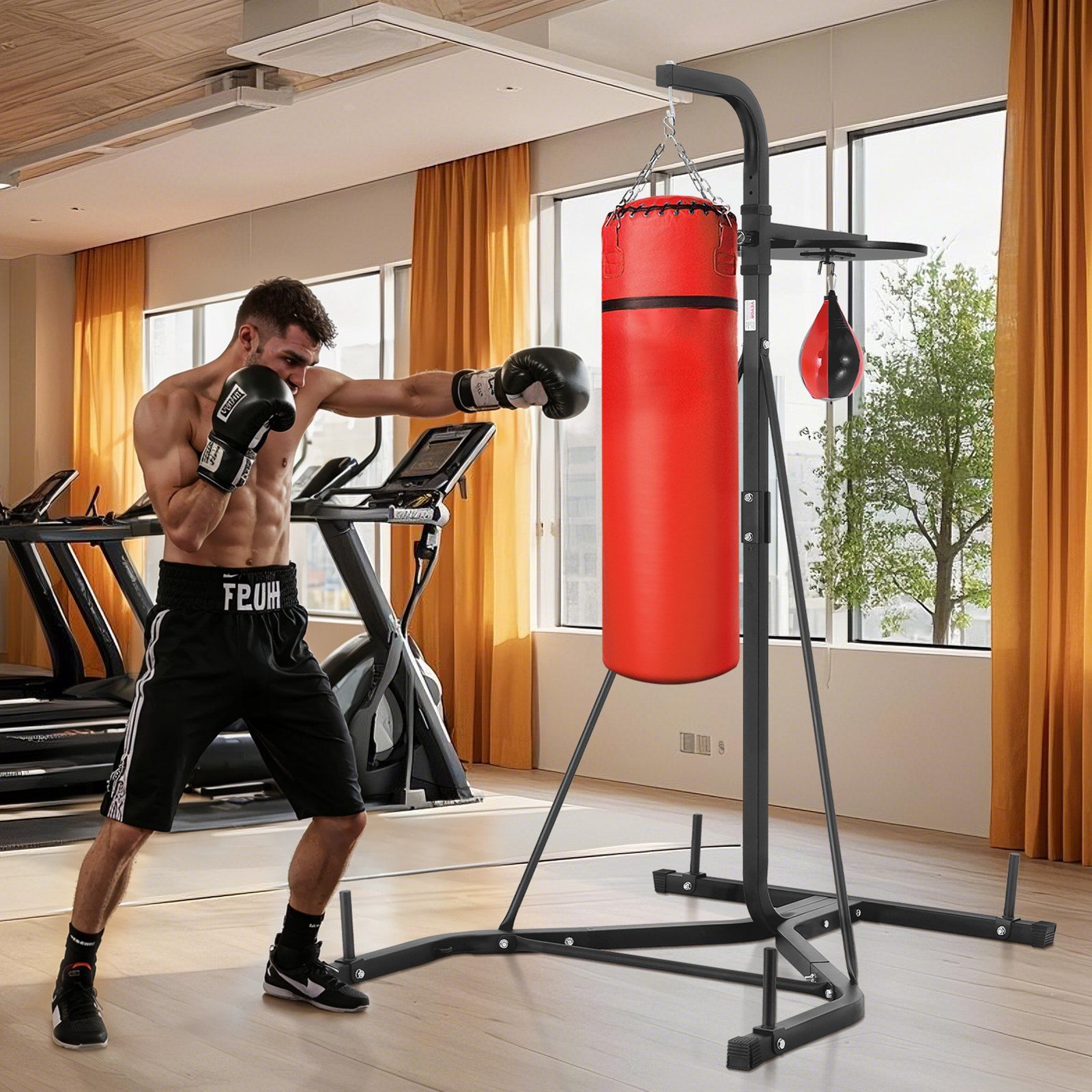 2 in 1 Punching Bag Stand, Steel Heavy Duty Workout Equipment, Adjustable Height Boxing Punching Bag and Speed Bag Stand, Freestanding Sandbag Rack, Holds Up to 140 lbs, for Home Gym Fitness