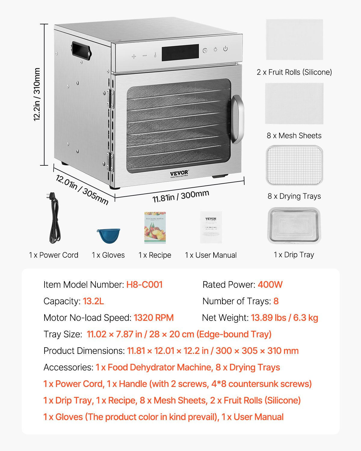 VEVOR Food Dehydrator Machine, 8 Stainless Steel Trays, 400W Electric Food Dryer with Adjustable Temperature & 24-Hour Timer, Freeze Dryer for Jerky, Meat, Fruit, Vegetables, Herbs, Dog Treats