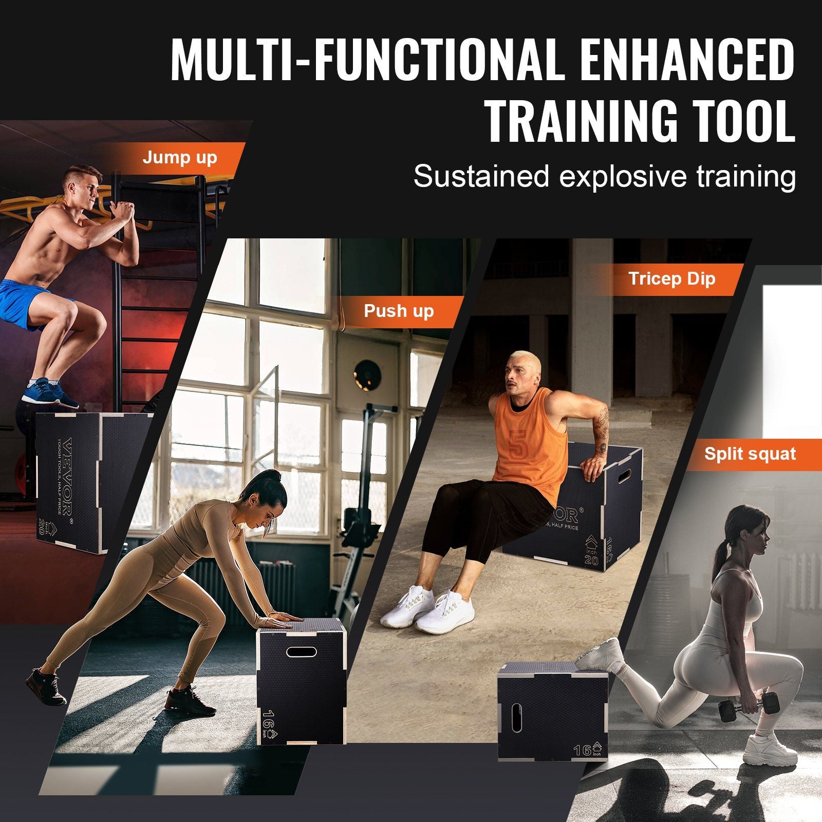 3 in 1 Plyometric Jump Box, 24/20/16 Inch Wooden Plyo Box, Platform & Jumping Agility Box, Anti-Slip Fitness Exercise Step Up Box for Home Gym Training, Conditioning Strength Training, Black