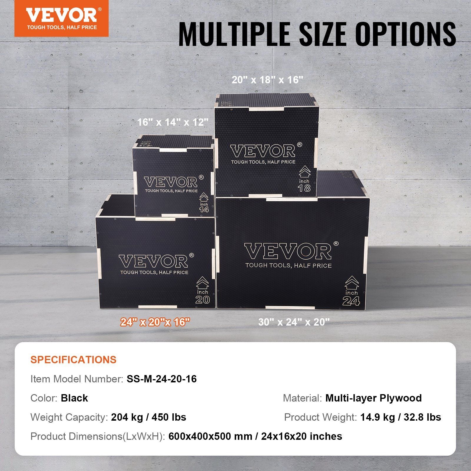 3 in 1 Plyometric Jump Box, 24/20/16 Inch Wooden Plyo Box, Platform & Jumping Agility Box, Anti-Slip Fitness Exercise Step Up Box for Home Gym Training, Conditioning Strength Training, Black