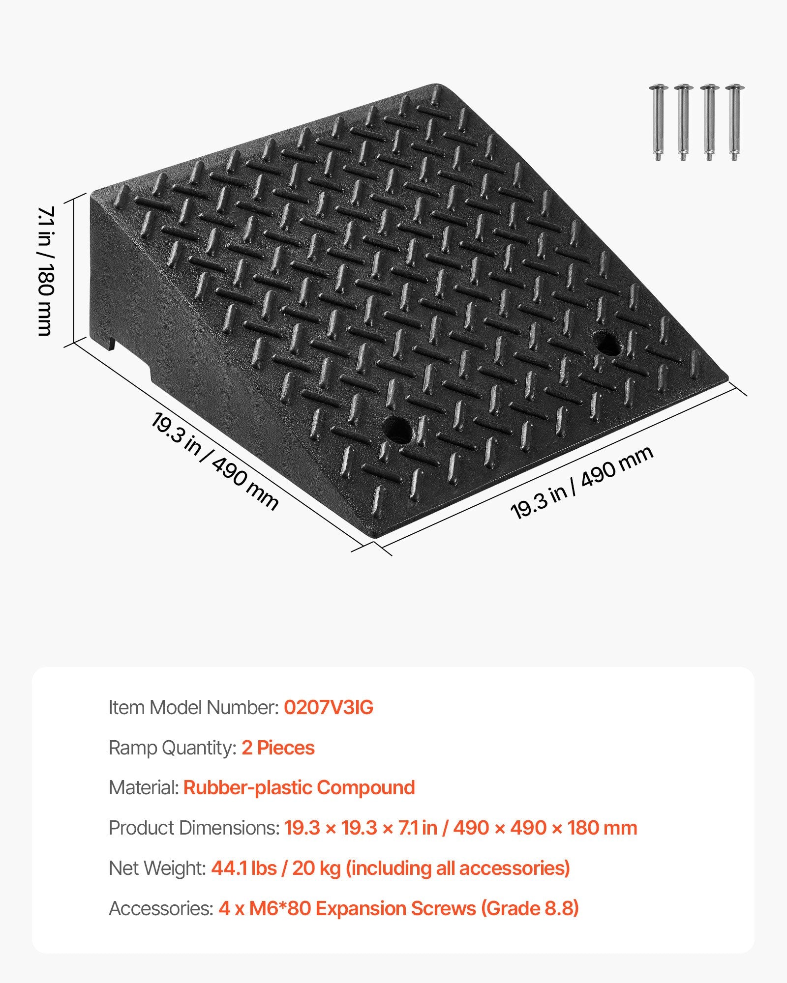 VEVOR Driveway Curb Ramp, 3.175 Tons Load Capacity, 17.8 cm Rise Height Heavy Duty Curbside Bridge Ramp with Drainage Tank for Wheelchairs, Strollers, Motorcycles, Cars, Lawn Mowers & Trailers, 2 Pack