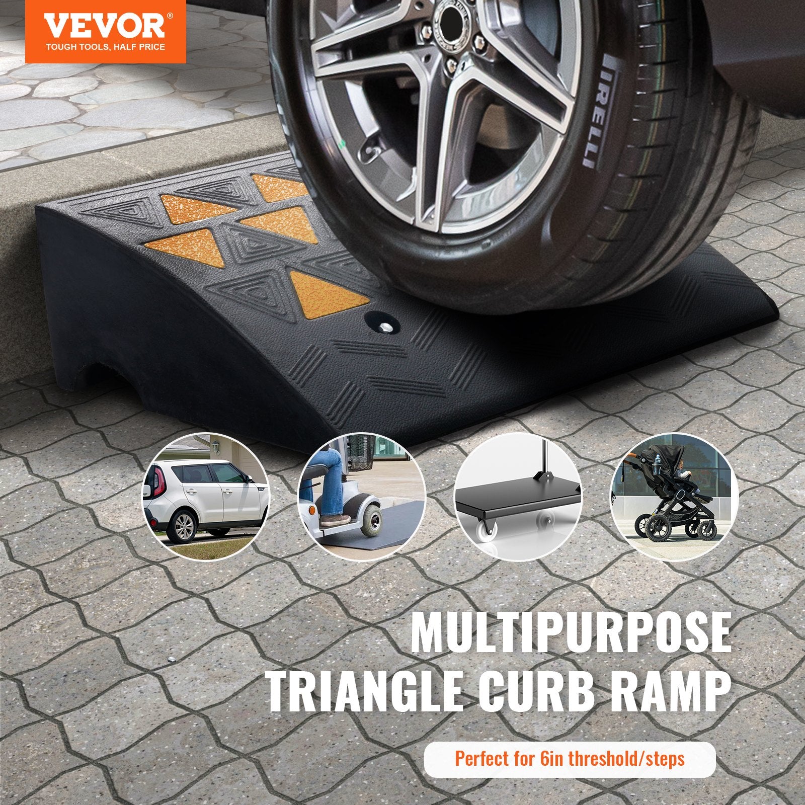 VEVOR Rubber Curb Ramp 15.2 cm Rise Height Sidewalk Curb Ramp, 37 cm Width 49.1 cm Length Driveway Ramp for Curb, 15T Heavy Duty Rubber Ramp for Forklifts, Trucks, Buses, Cars, Wheelchairs, Bikes