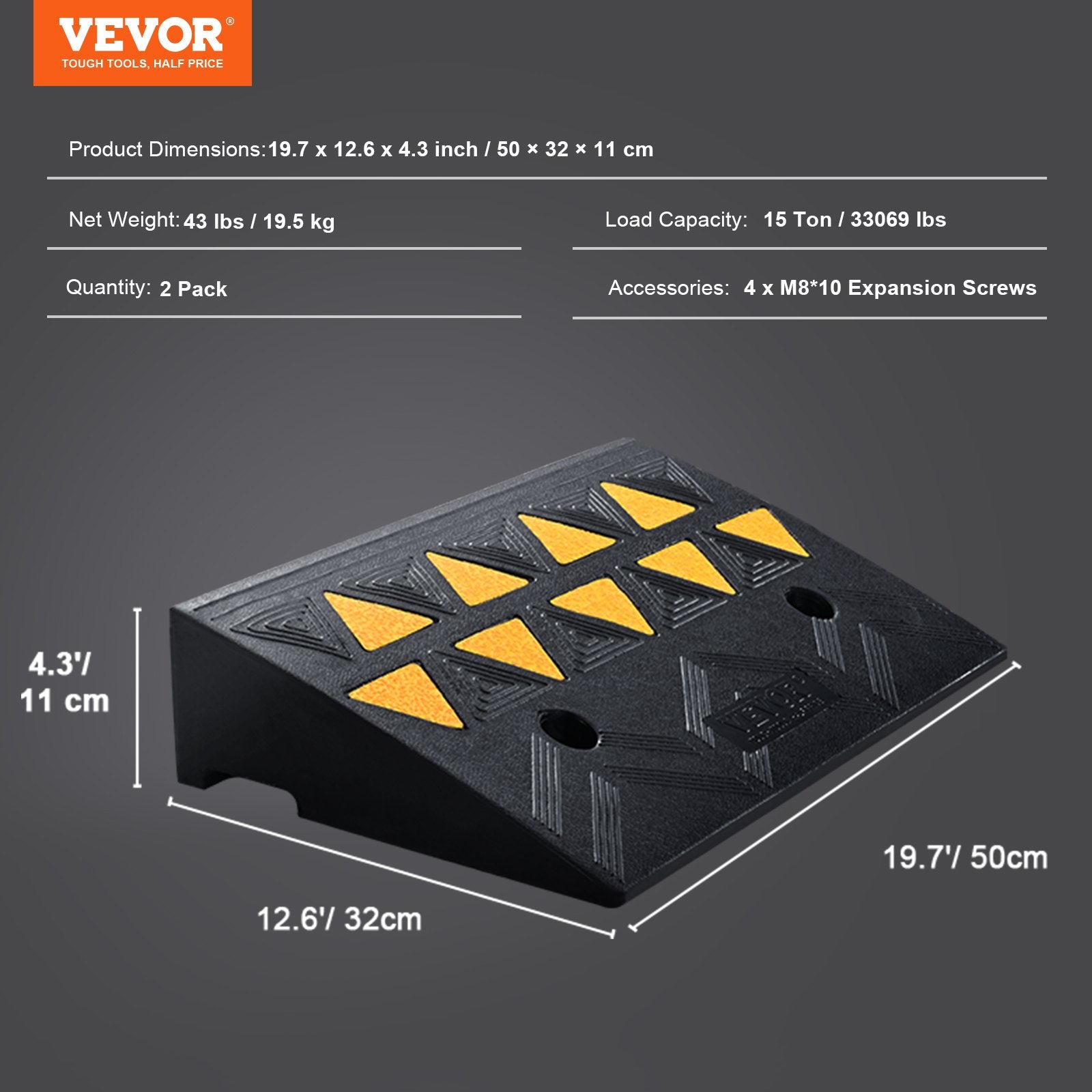 VEVOR Rubber Curb Ramp 2 Pack, 11 cm Rise Height Heavy-Duty 15 tons Load Capacity Threshold Ramps, Driveway Ramps with Stable Grid Structure for Cars, Wheelchairs, Bikes, Motorcycles