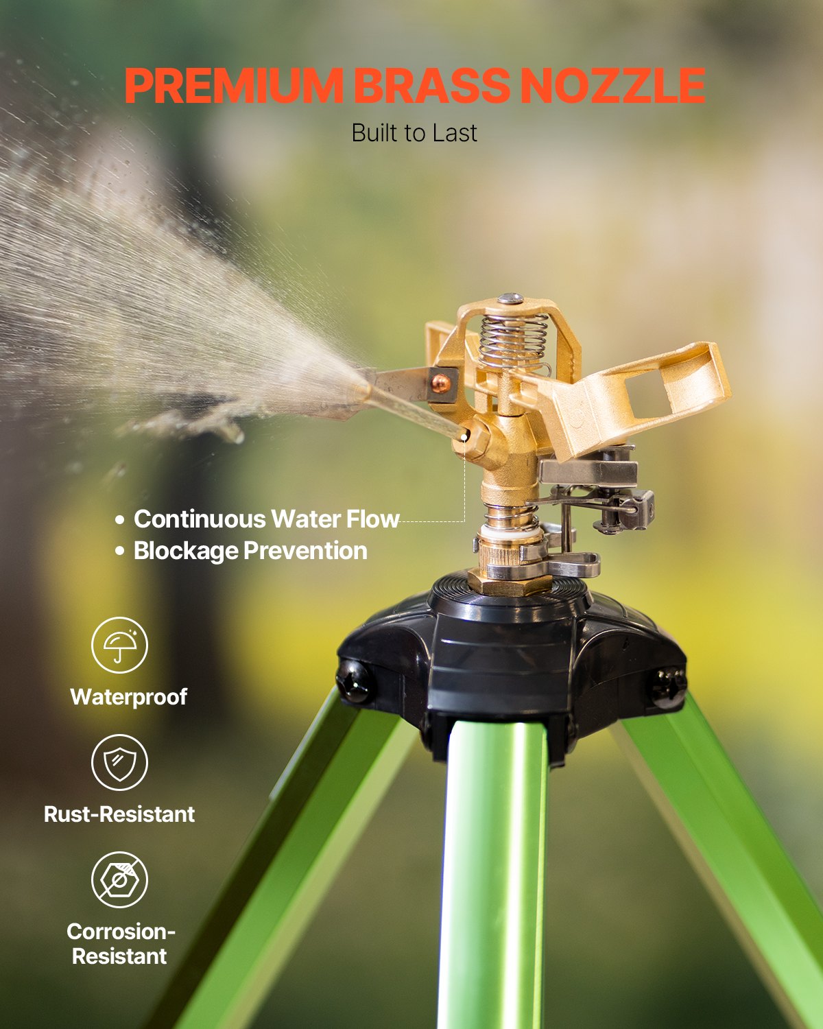 VEVOR Impact Sprinkler on Tripod Base, 2 Packs, Heavy Duty Tripod Sprinklers with Brass Head & G3/4" Connector, 360 Degree Large Area Irrigation Sprinkler, Adjustable Heights Sprinkler for Yard