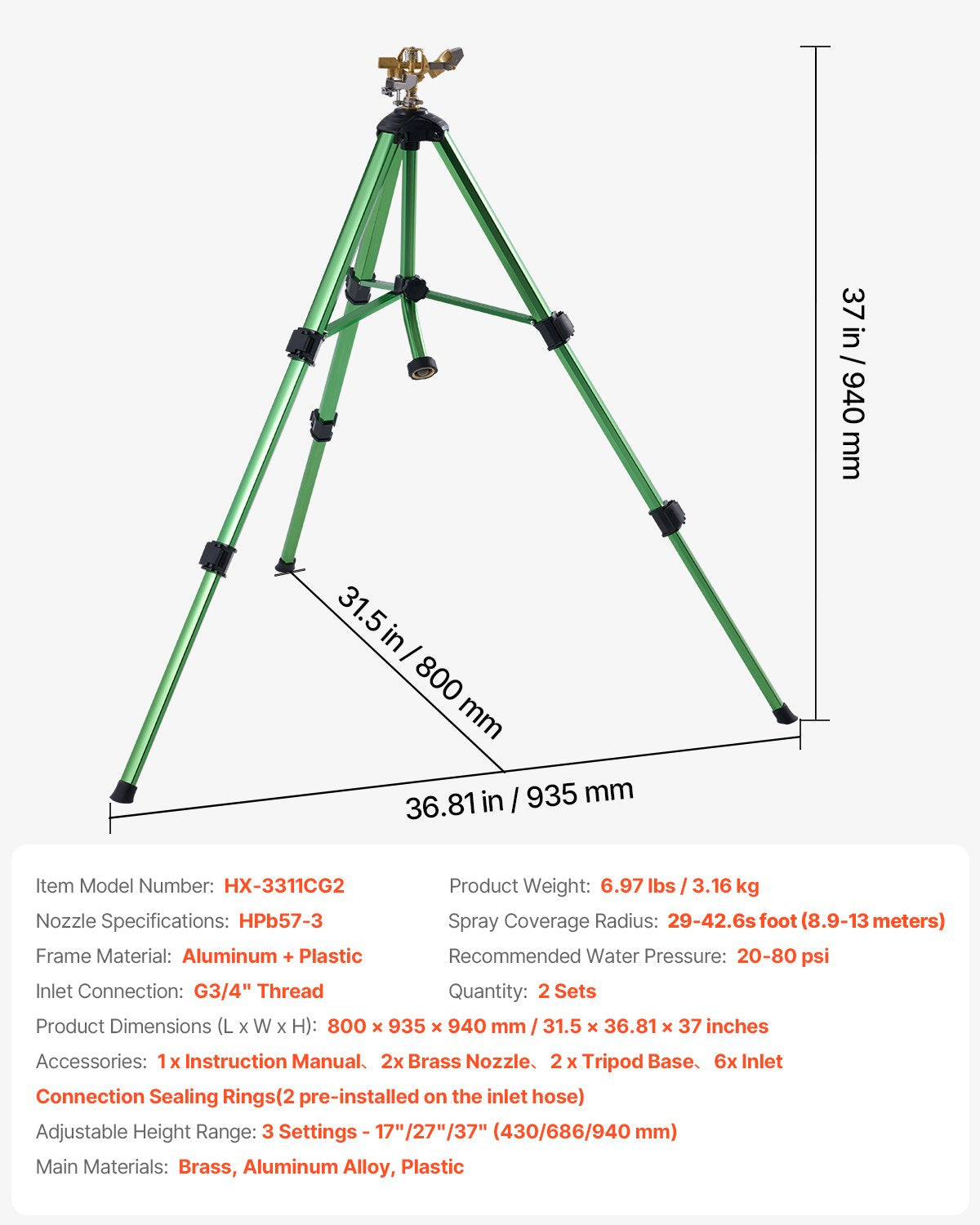 VEVOR Impact Sprinkler on Tripod Base, 2 Packs, Heavy Duty Tripod Sprinklers with Brass Head & G3/4" Connector, 360 Degree Large Area Irrigation Sprinkler, Adjustable Heights Sprinkler for Yard