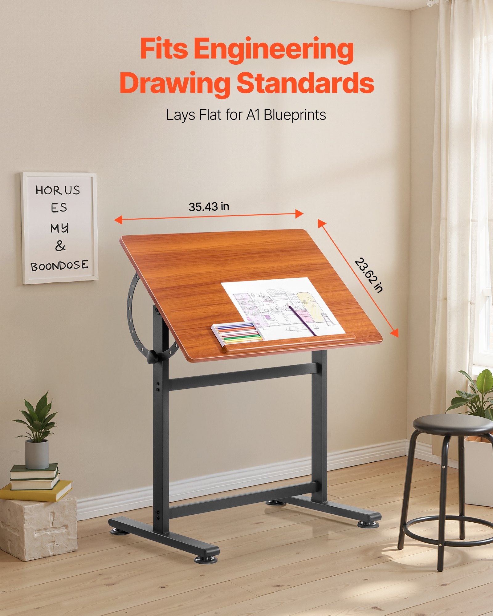 VEVOR Drafting Table Adjustable 0°–90° Tilt Wooden Drawing Desk with H-Frame