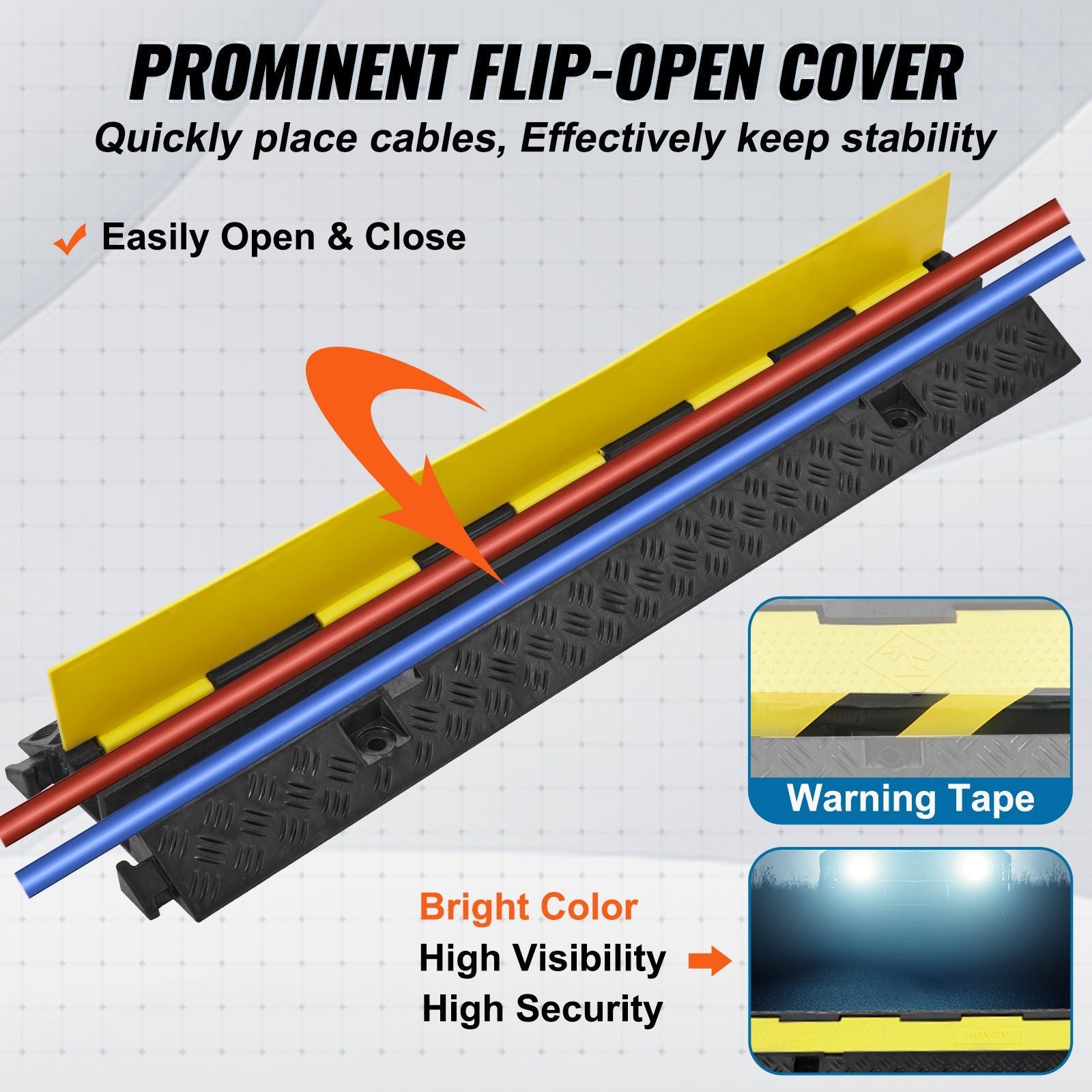 5 PCs Rubber Cable Protector Ramp, 2 Channel, 12000 lbs/axle Capacity Heavy Duty Hose Wire Cover Ramp Driveway, Traffic Speed Bump with Flip-Open Top Cover & 50 ft Warning Tape, for Indoor&Outdo