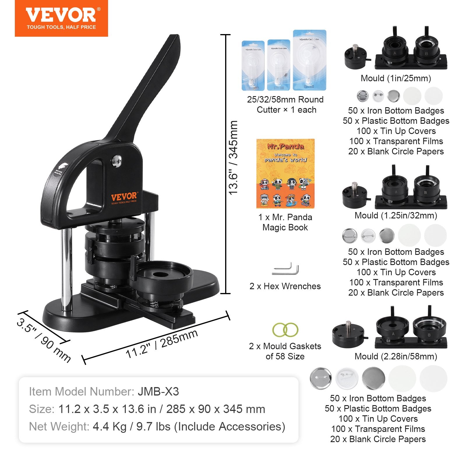 VEVOR Button Maker Machine, 1/1.25/2.28 inch(25/32/58mm) 3-in-1 Pin Maker, Installation-Free Badge Punch Press Kit, Button Making Supplies with 300pcs Button Parts, Circle Cutter, Magic Book