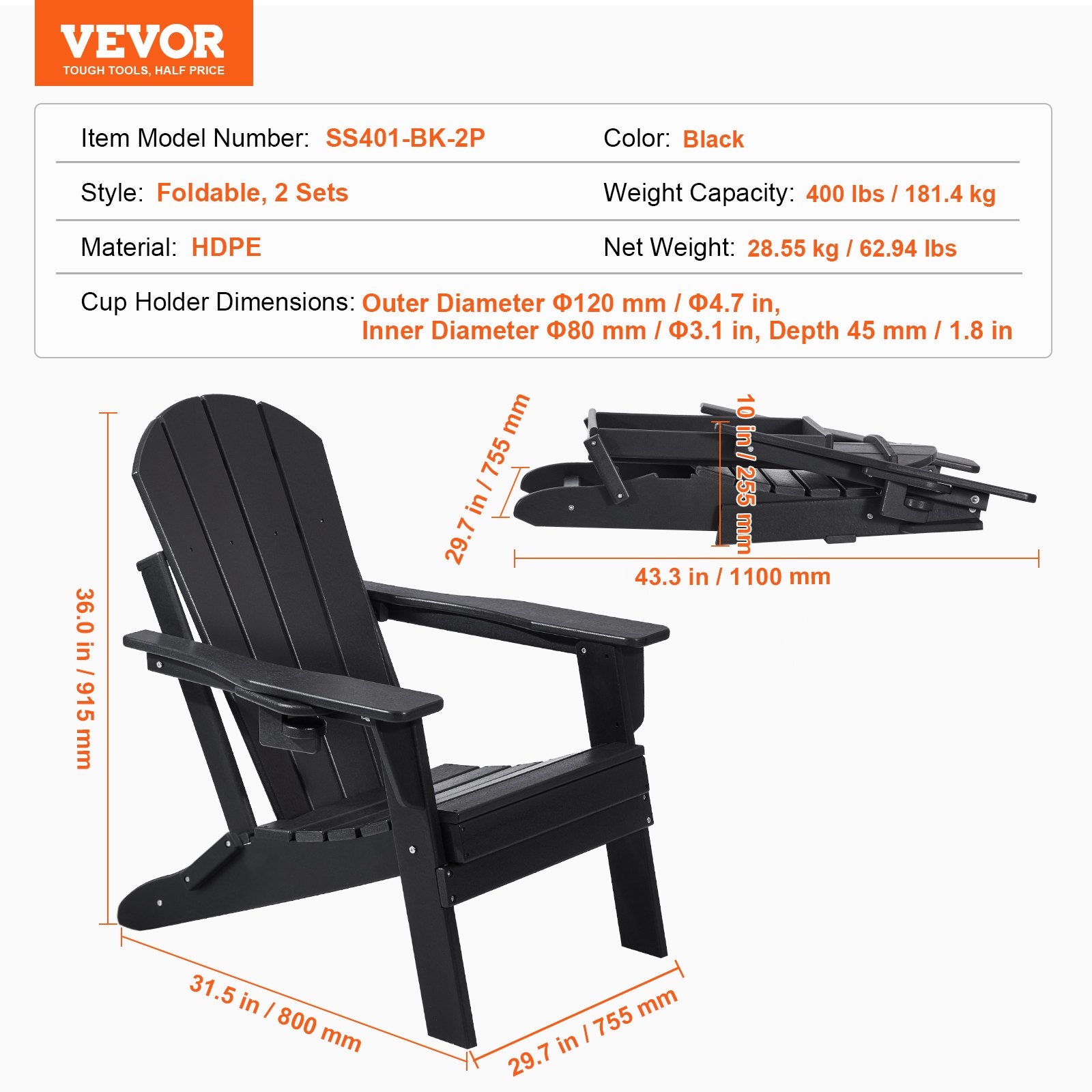 VEVOR Adirondack Chair Plastic, Set of 2 All-Weather Portable Folding Fire Pit Chair, Outdoor Adirondack Patio Chair with Cup Holder, with Relaxing Arm Rest Ergonomic, for Garden, Backyard - Black