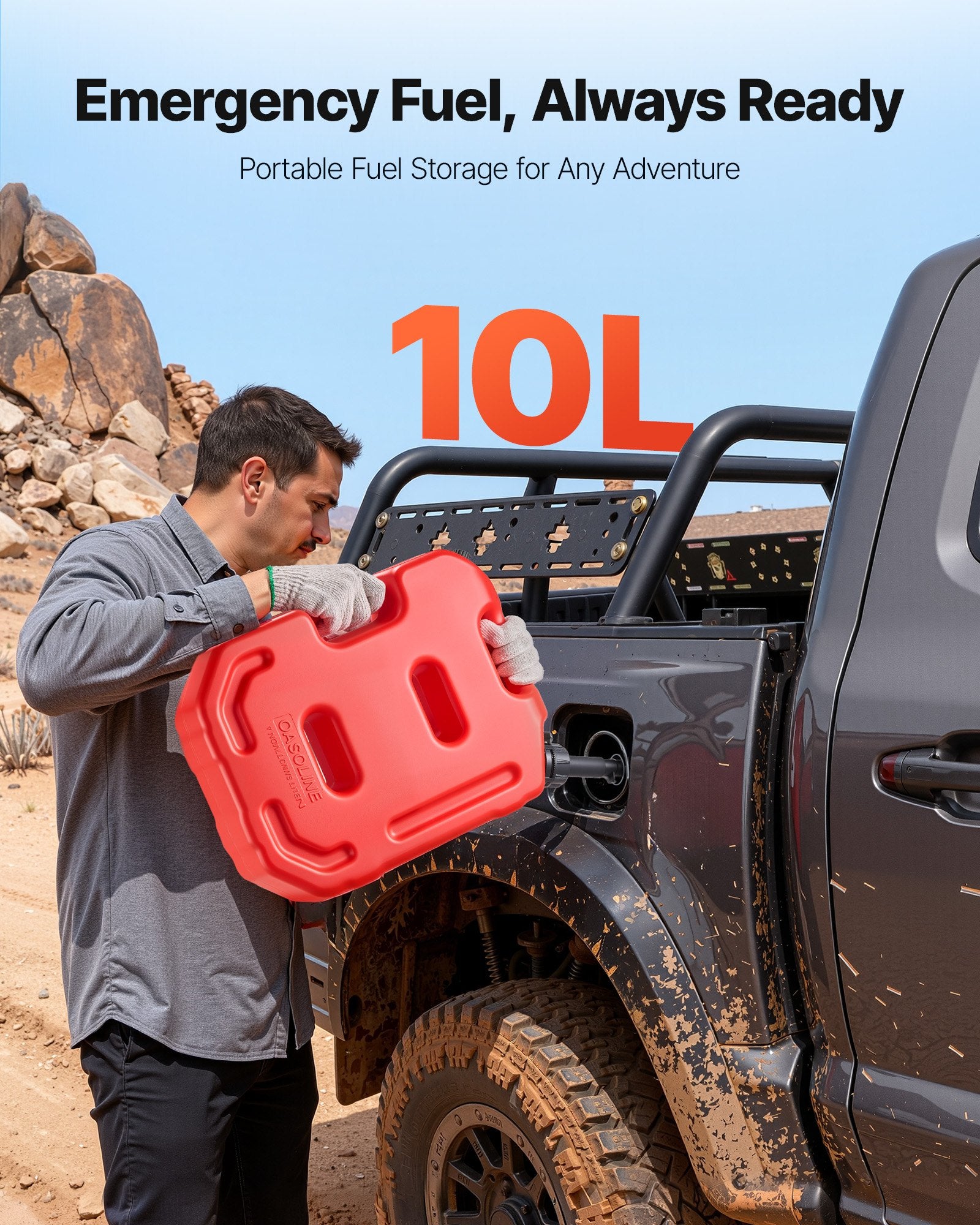 VEVOR Fuel Container, 10 L, Gas Can with Spout and Lockable Bracket, 15 L/min Max Flow Rate, Secure & Leak-proof, Portable Flat Fluid Container for Most Cars Motorcycle ATV UTV, Red