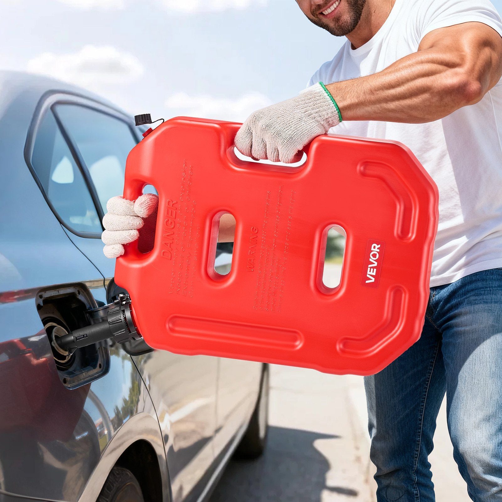 VEVOR Fuel Container, 10 L, Gas Can with Spout and Lockable Bracket, 15 L/min Max Flow Rate, Secure & Leak-proof, Portable Flat Fluid Container for Most Cars Motorcycle ATV UTV, Red