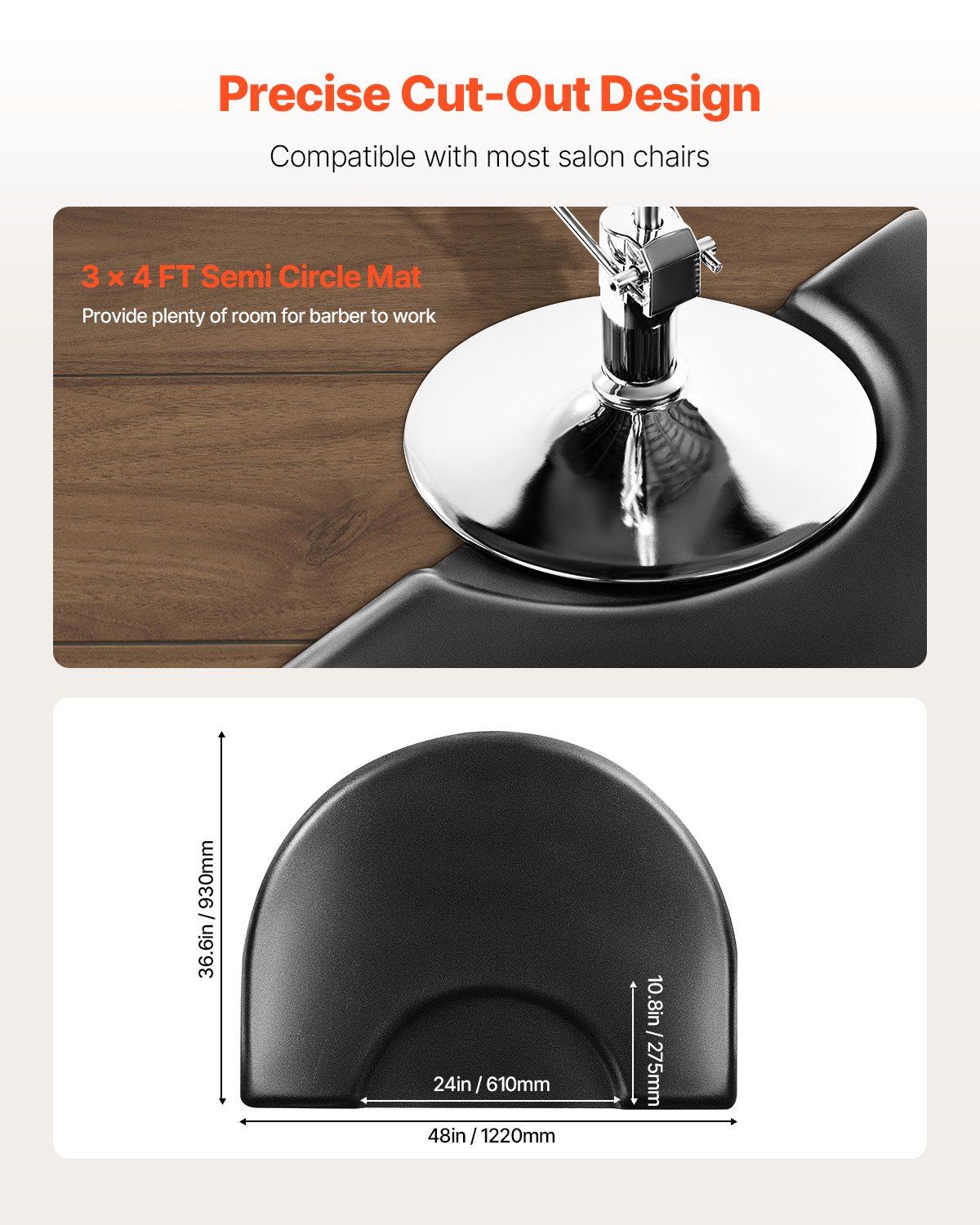 Salon Mat for Hair Stylist, 1220 x 930 mm Semi-circle Salon Chair Mat, 25mm Thickened Anti Fatigue Barber Shop Floor Mat with Round Cut Out, Easy-to-Clean PVC Surface & Anti-Trip Beveled Edges