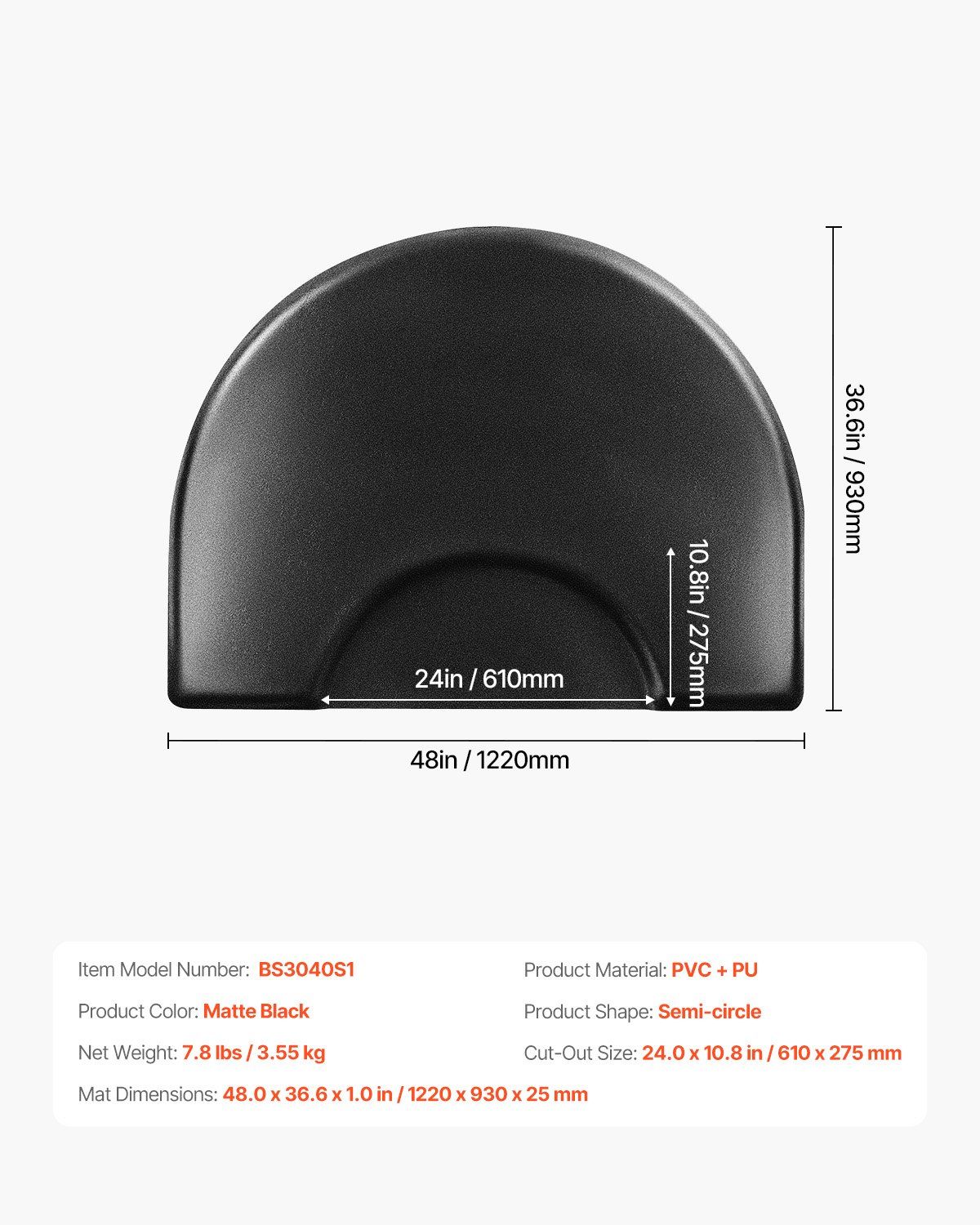 Salon Mat for Hair Stylist, 1220 x 930 mm Semi-circle Salon Chair Mat, 25mm Thickened Anti Fatigue Barber Shop Floor Mat with Round Cut Out, Easy-to-Clean PVC Surface & Anti-Trip Beveled Edges