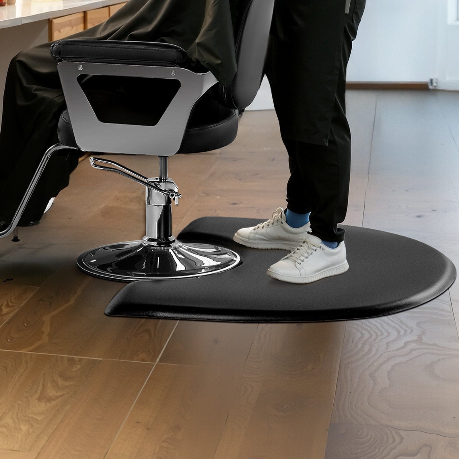 Salon Mat for Hair Stylist, 1220 x 930 mm Semi-circle Salon Chair Mat, 25mm Thickened Anti Fatigue Barber Shop Floor Mat with Round Cut Out, Easy-to-Clean PVC Surface & Anti-Trip Beveled Edges