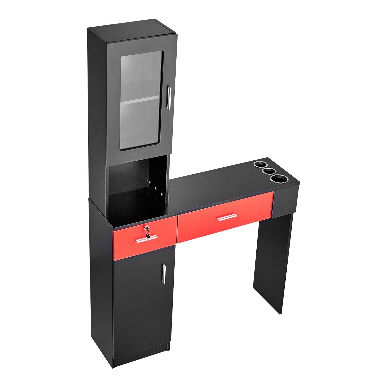 VEVOR Salon Station, Wall Mount Barber Salon Station for Hair Stylist, Beauty Spa Furniture Set, 1 Storage Cabinet, 3 Cubbies and 2 Drawers(One Lockable), Black and Red