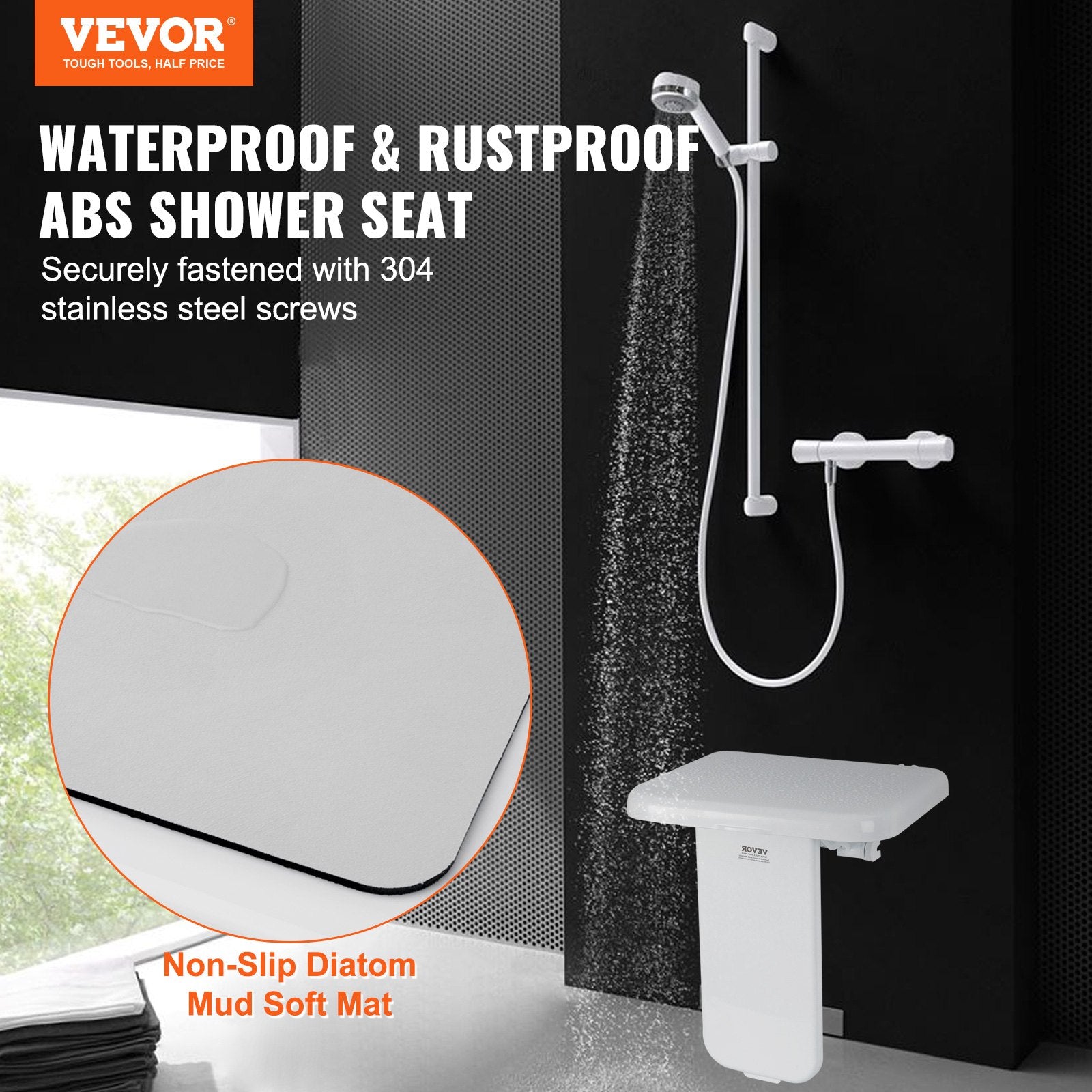 VEVOR Folding ABS Shower Seat, 15.7'' x 16.7'' Unfolded, Wall Mounted Fold Up Shower Bench with 440 lbs Load Capacity, Space Saving Fold Down Shower Chair for Seniors Pregnant Women Children Adults