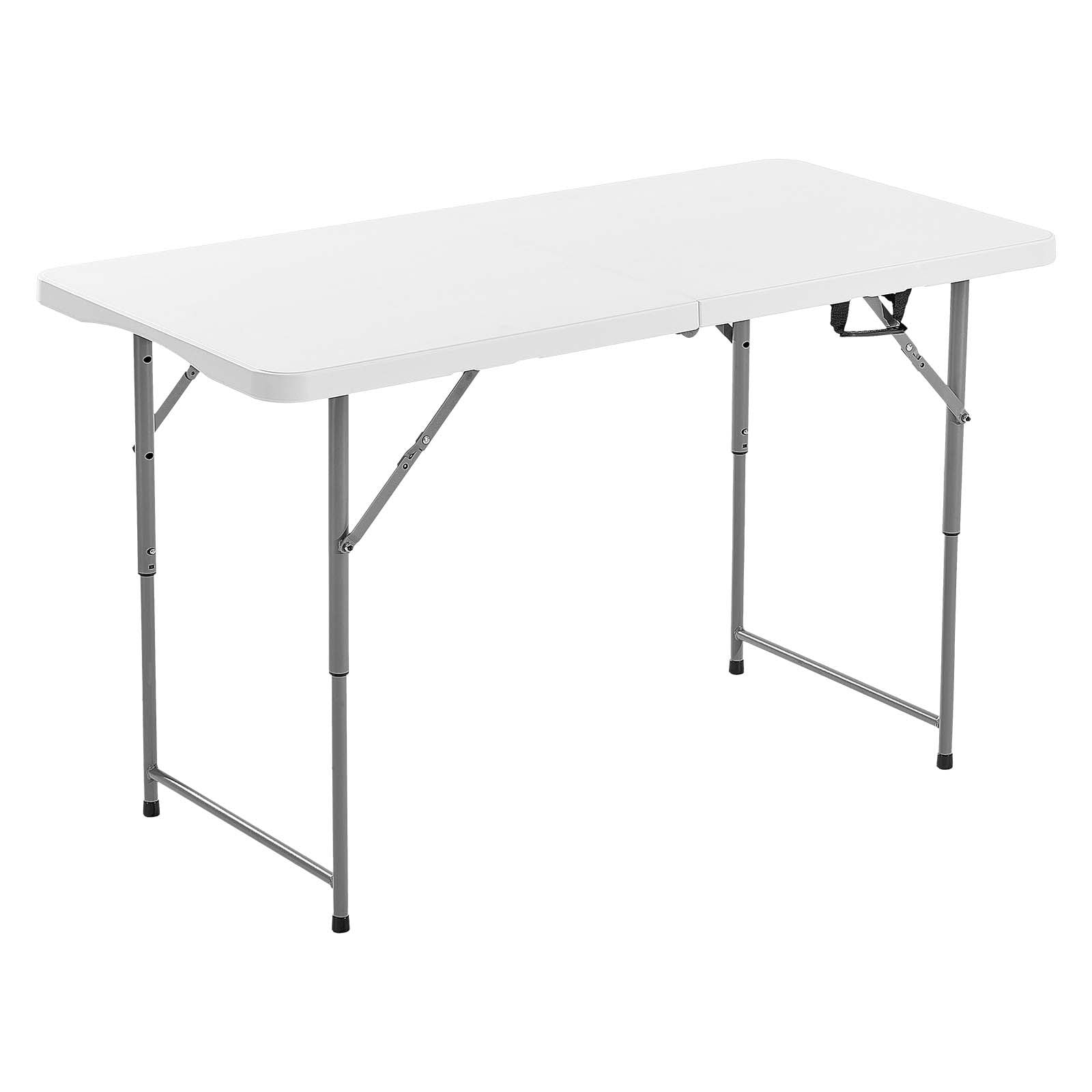 VEVOR Folding Table, 4 Ft Heavy Duty Portable Fold-in-Half Utility Table, Indoor Outdoor Plastic Rectangle Table with Adjustable Height and Built in Handle, for Party, Dining, Picnic, Camping, White