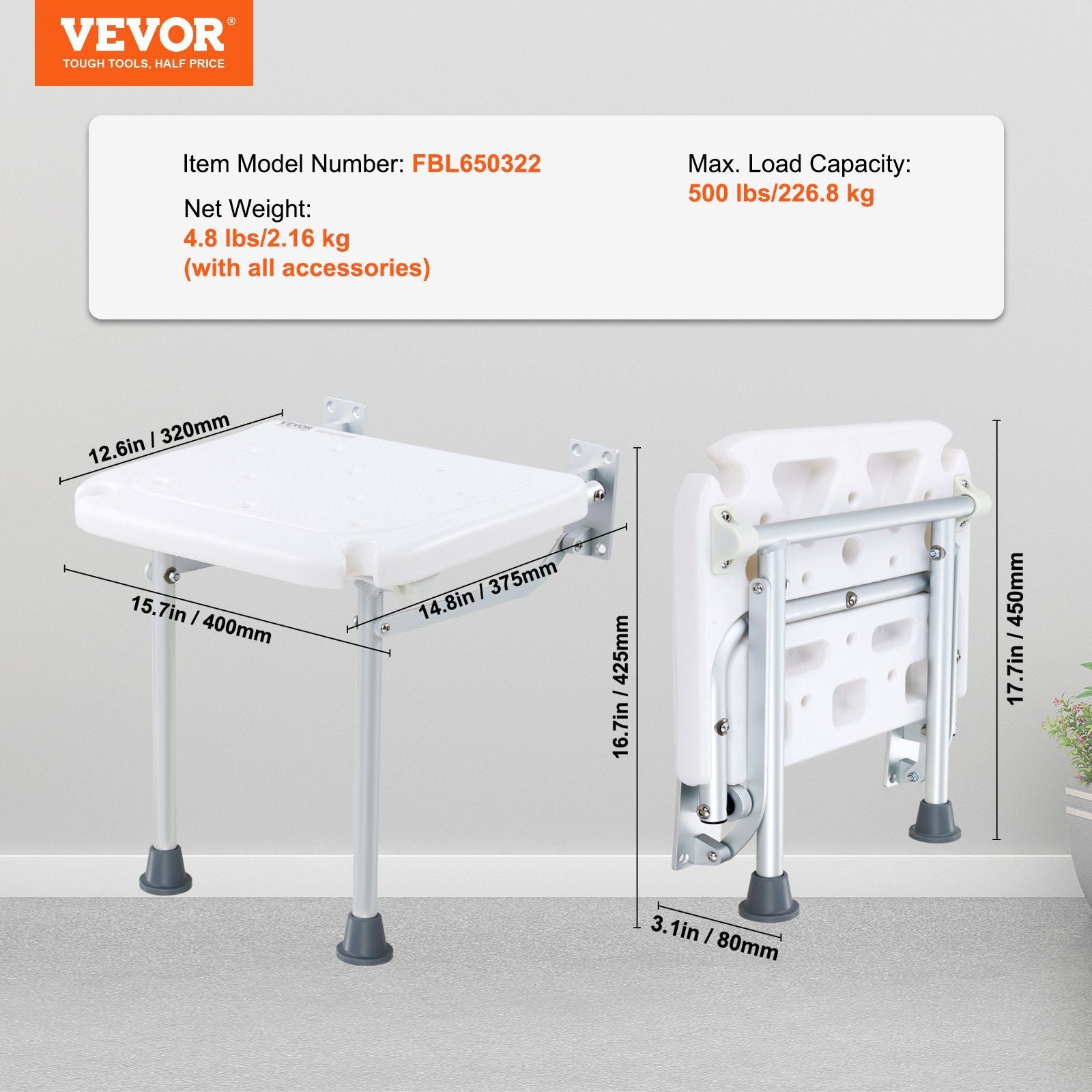 Folding PE Shower Seat, 15.7'' x 14.8'' Unfolded, Wall Mounted Fold Up Shower Bench with 500 lbs Load Capacity, Space Saving Fold Down Shower Chair for Seniors Pregnant Women Children Adults