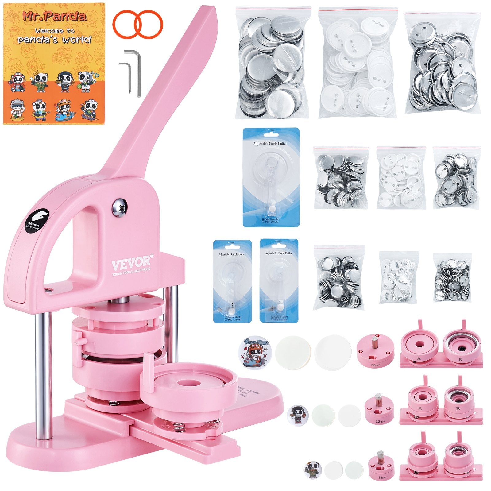 VEVOR Button Maker, 1/1.25/2.28 inch(25/32/58mm) 3-IN-1 Pin Maker, 300pcs Button Parts, Button Maker Machine with Panda Magic Book, Ergonomic Arc Handle Punch Press Kit, For Children DIY Gifts, Pink