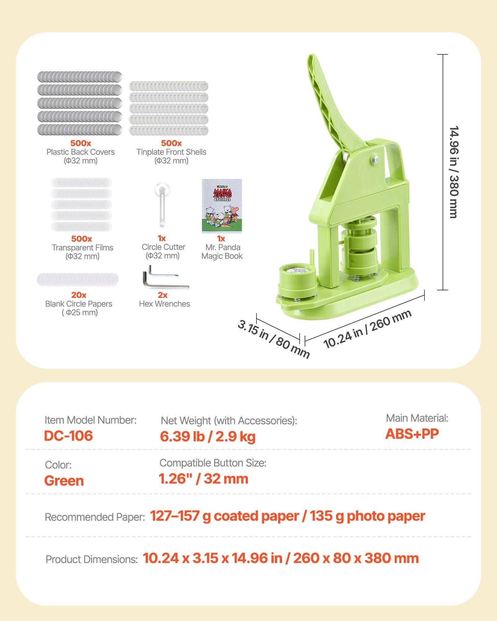 Button Maker Machine, 32 mm, Plastic Pin Maker with 500pcs Button Parts, Mr. Panda Magic Book, Circle Cutter and Hex Wrenches, Reinforced Ergonomic Handle, for DIY Badges, Personalized Pins