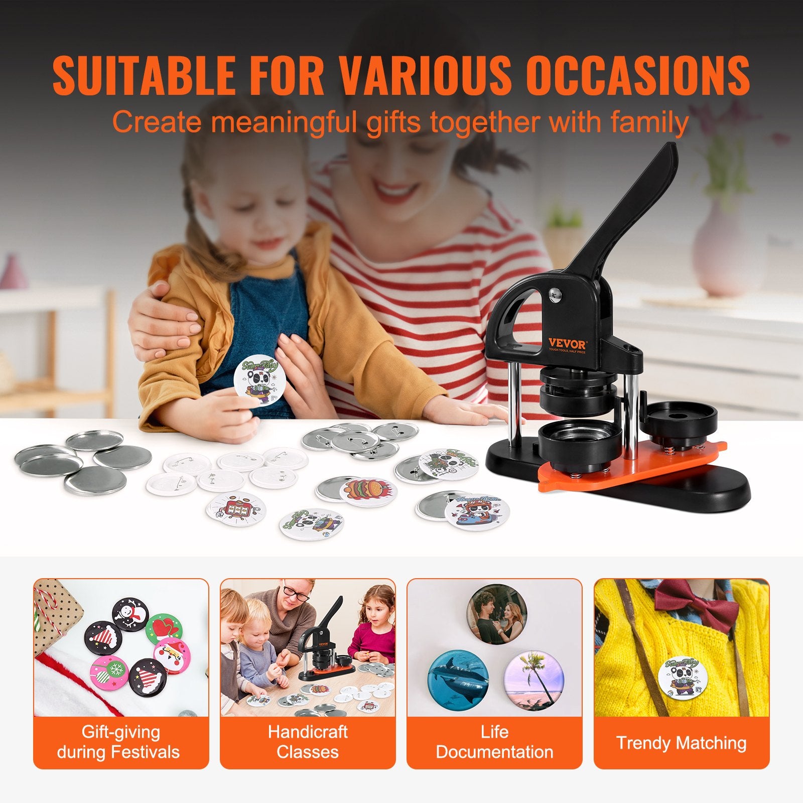 VEVOR Button Maker Machine, 2.28 inch/58mm Pin Maker, Installation-Free Badge Punch Press Kit, Children DIY Gifts Button Making Supplies with 100pcs Button Parts, Circle Cutter, Magic Book