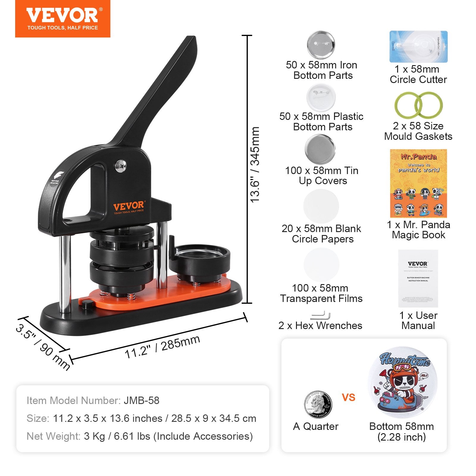 VEVOR Button Maker Machine, 2.28 inch/58mm Pin Maker, Installation-Free Badge Punch Press Kit, Children DIY Gifts Button Making Supplies with 100pcs Button Parts, Circle Cutter, Magic Book