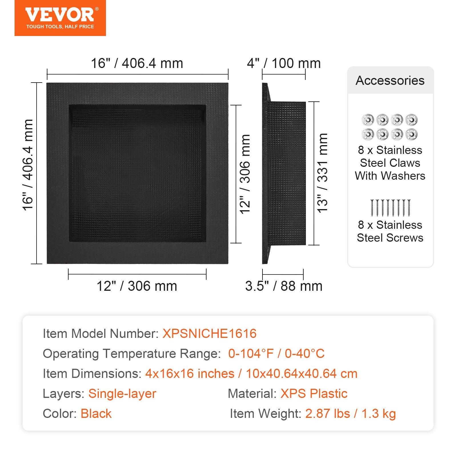 VEVOR Shower Niche Ready for Tile 40.64 x 40.64 cm, Single Shelf Organizer, Square Corners Wall-inserted Niche Recessed, Sealed Protection Modern Soap Storage Niche for Shower Bathroom, Black