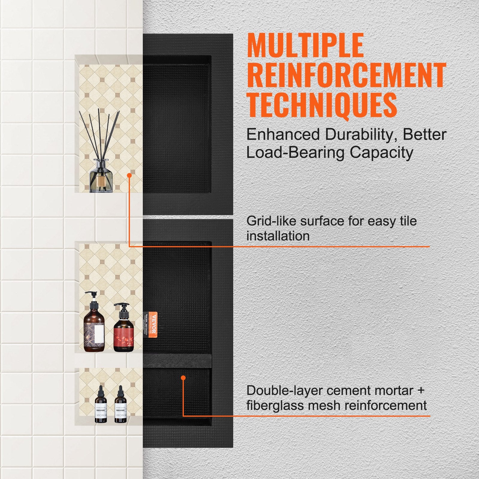 VEVOR Shower Niche Ready for Tile 40.64x40.64cm & 40.64x50.8cm, Triple Shelf, Square Corners Wall-inserted Niche Recessed, Sealed Protection Modern Soap Storage Niche for Shower Bathroom, Black