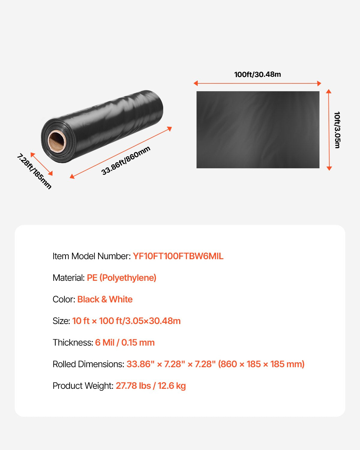 VEVOR 6Mil Plastic Sheeting Roll 10 x 100 FT Heavy Duty Film Black & White