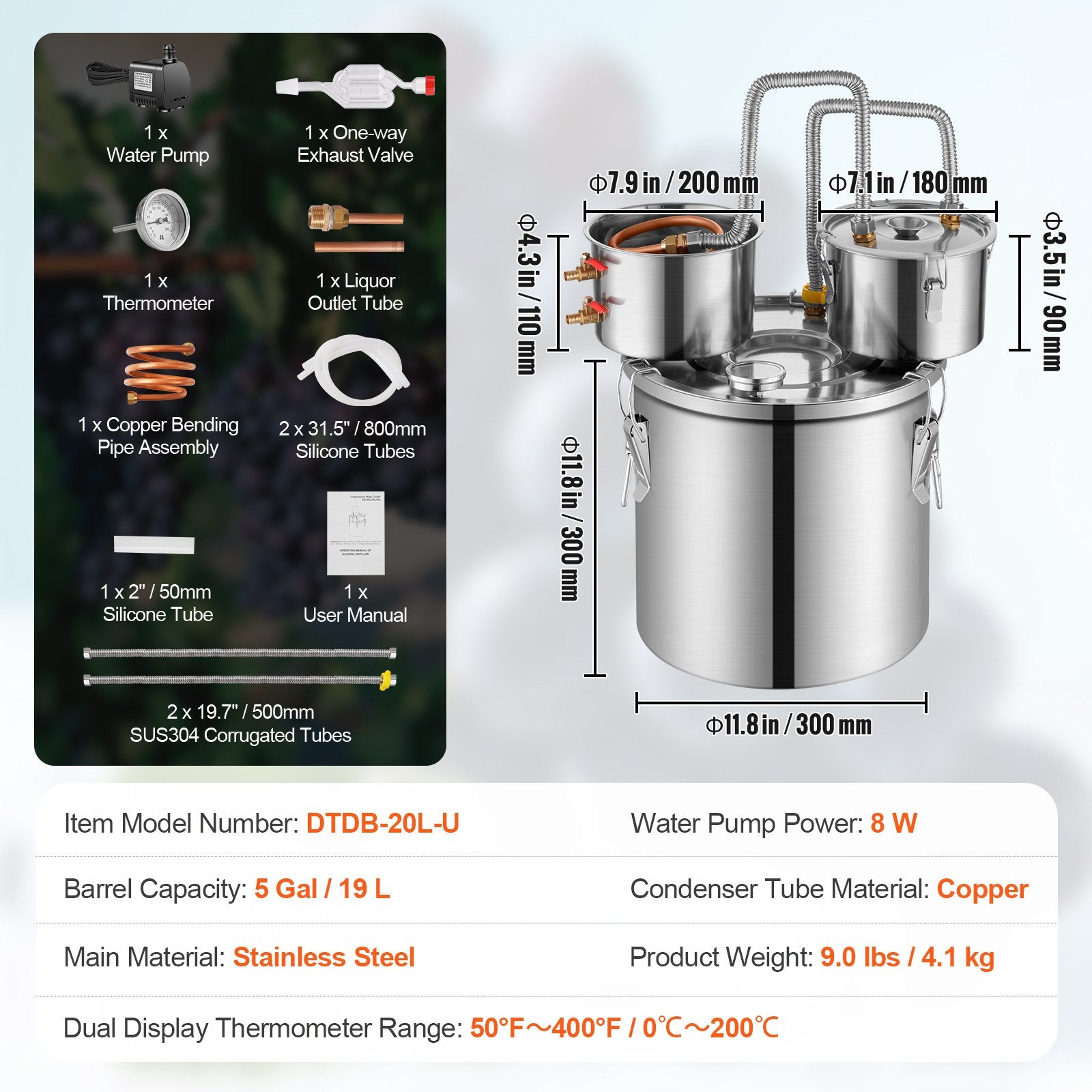VEVOR Alcohol Still, 5 Gal / 19 L Stainless Steel Water Alcohol Distiller with Copper Coil for Fast Cooling, Dual Condenser Distiller Kit with Secondary Distillation, for Wine Whisky Brandy, Silver