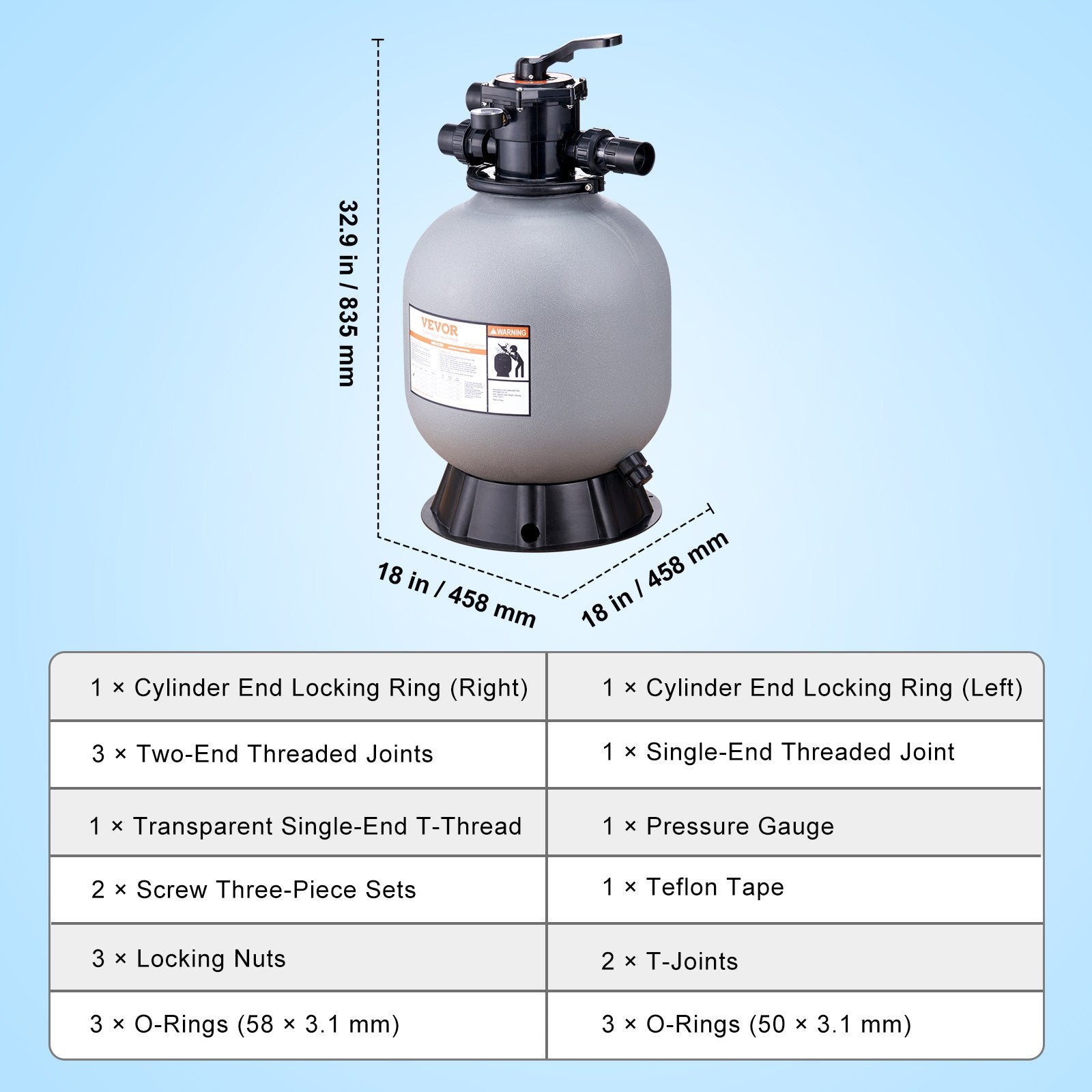 VEVOR Sand Filter, 19-inch, 482.6mm, Up to 45 GPM Flow Rate, Above Inground Swimming Pool Sand Filter System with 7-Way Multi-Port Valve, Filter, Backwash, Rinse, Recirculate, Waste, Winter, Closed Functions