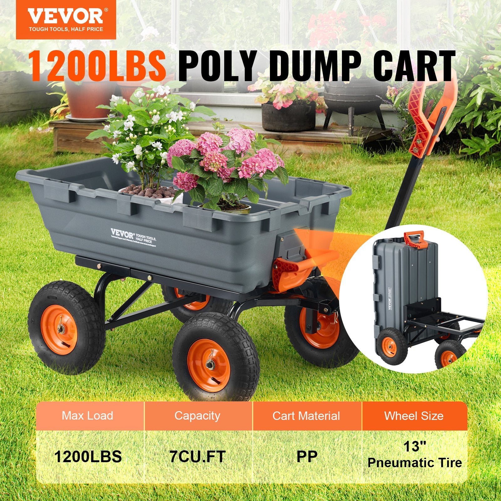 VEVOR Dump Cart, Poly Garden Dump Cart with Easy to Assemble Steel Frame, Dump Wagon with 2-in-1 Convertible Handle, Utility Wheelbarrow  544kg/ 1200lbs Capacity, 33cm/ 13 inch Tires