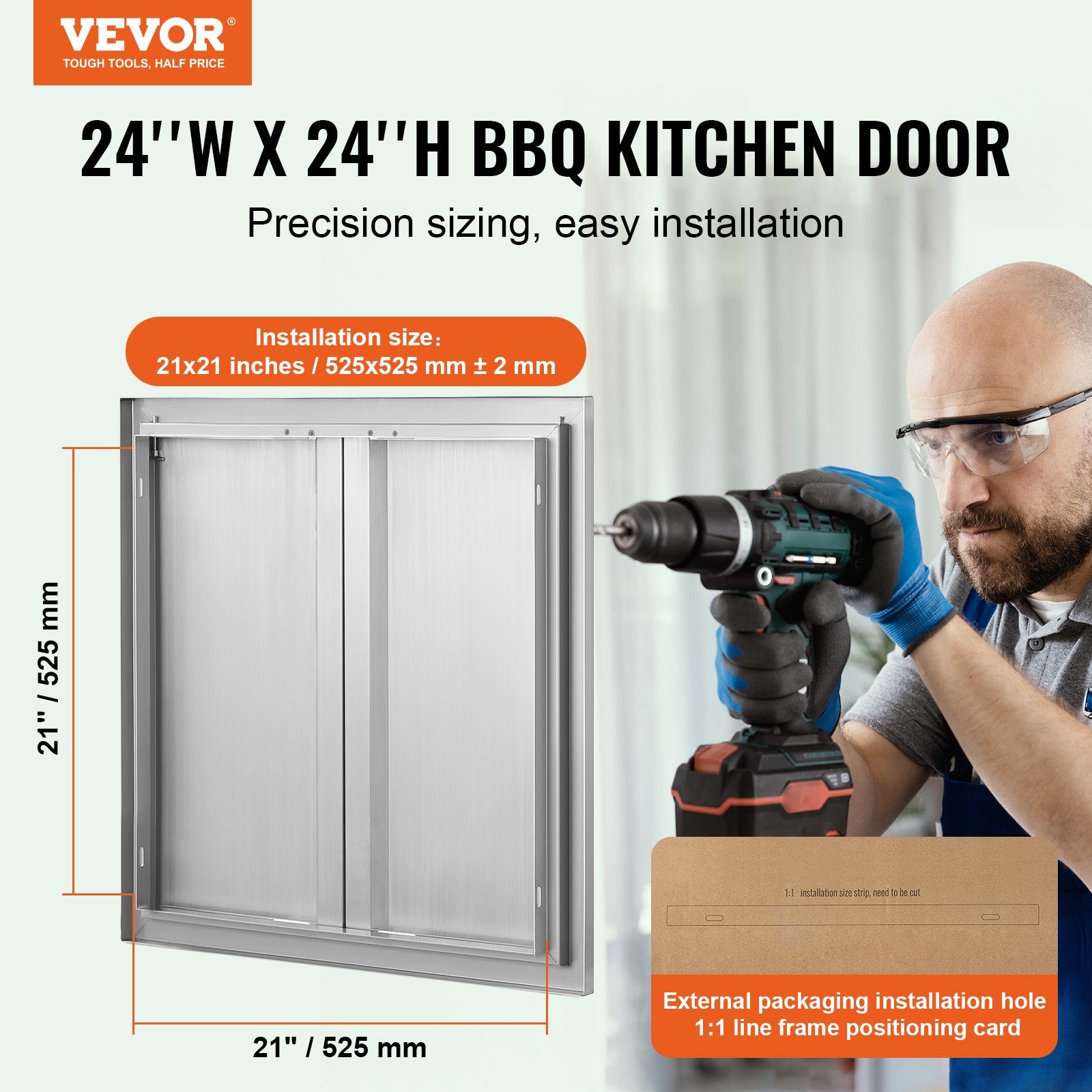 VEVOR BBQ Access Door, 610x610 mm Double Outdoor Kitchen Door, Stainless Steel Flush Mount Door, Wall Vertical Door with Recessed Handles , for BBQ Island, Grilling Station, Outside Cabinet