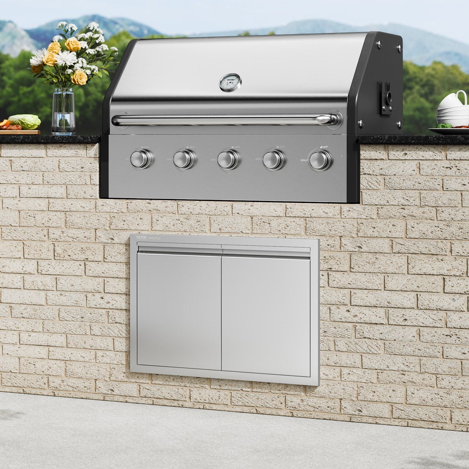 BBQ Access Door, 762x532 mm Double Outdoor Kitchen Door, Stainless Steel Flush Mount Door, Wall Vertical Door with Recessed Handles , for BBQ Island, Grilling Station, Outside Cabinet