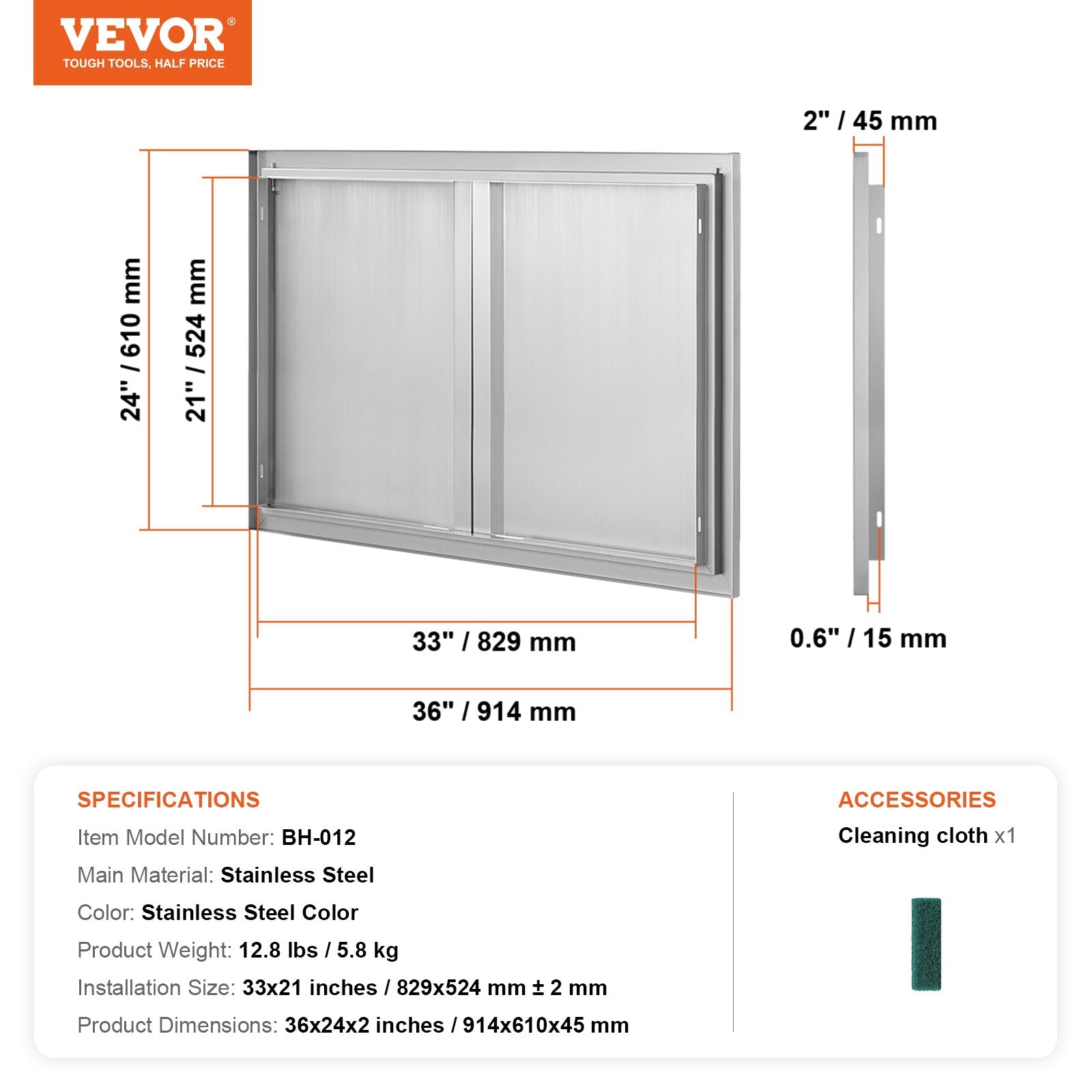 VEVOR BBQ Access Door, 914x610 mm Double Outdoor Kitchen Door, Stainless Steel Flush Mount Door, Wall Vertical Door with Recessed Handles , for BBQ Island, Grilling Station, Outside Cabinet