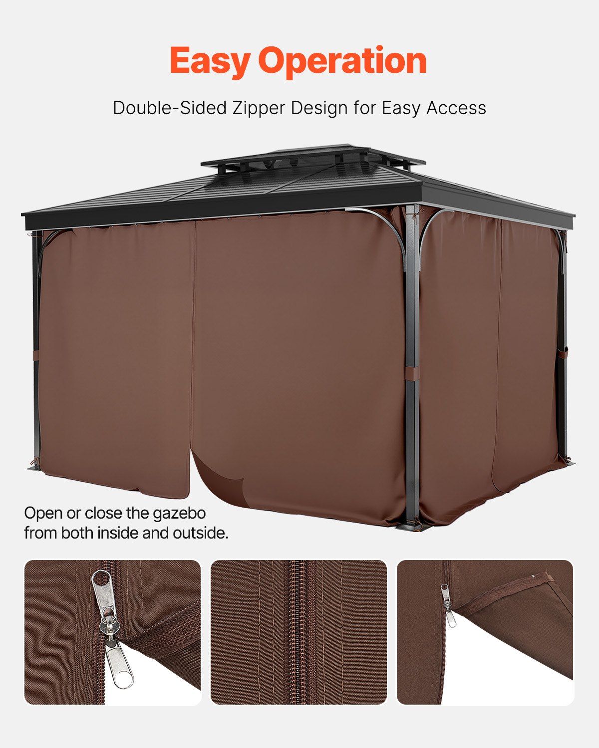 Gazebo Curtains Outdoor, Fit Most 2840 x 2840 x 2110 mm Gazebos, 4-Panel Sidewall Gazebo Privacy Curtains with Zippers, Outdoor Curtain Replacement for Patio Canopy, Only Curtain, Coffee