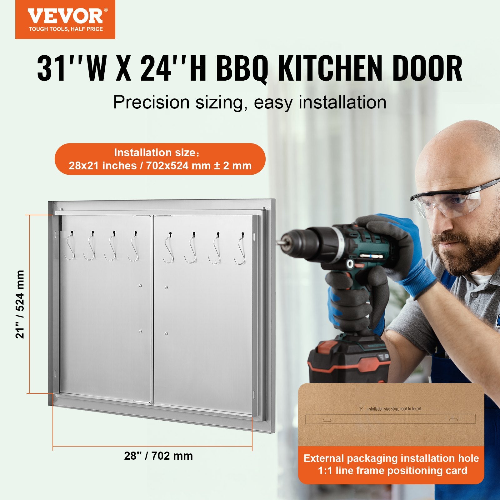 VEVOR BBQ Access Door, 787x609 mm Double Outdoor Kitchen Door, Stainless Steel Flush Mount Door, Double Wall Vertical Door with Handles and Hooks, for BBQ Island, Grilling Station, Outside Cabinet
