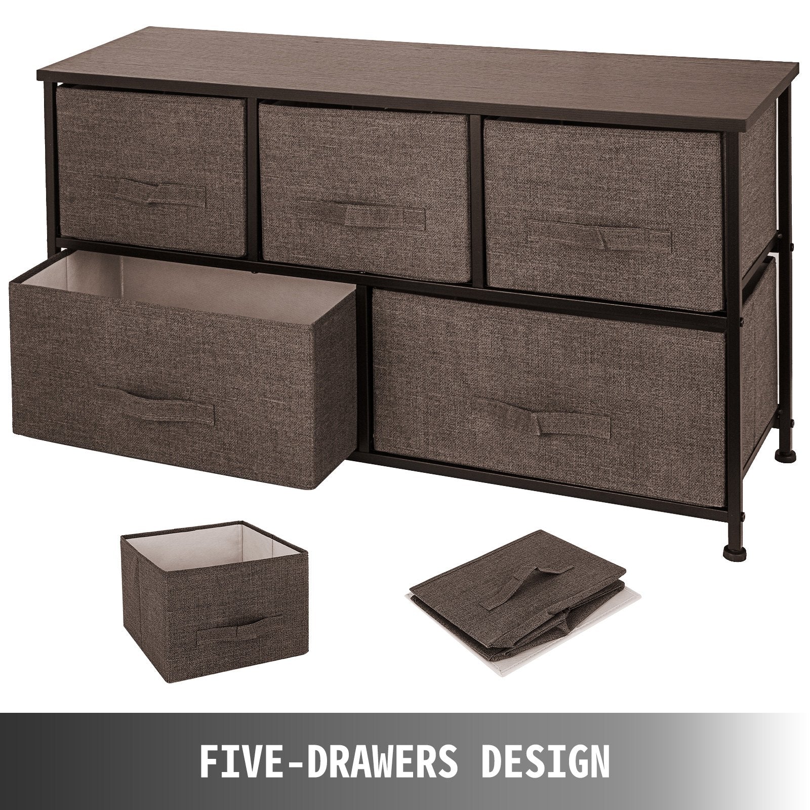 VEVOR Dresser Storage Tower with 5 Fabric Drawer Steel Frame Storage Cabinet Bin Storage Organizer Unit Fabric Cube Dresser Chest Cabinet Coffee Wide (Coffee/Wide)