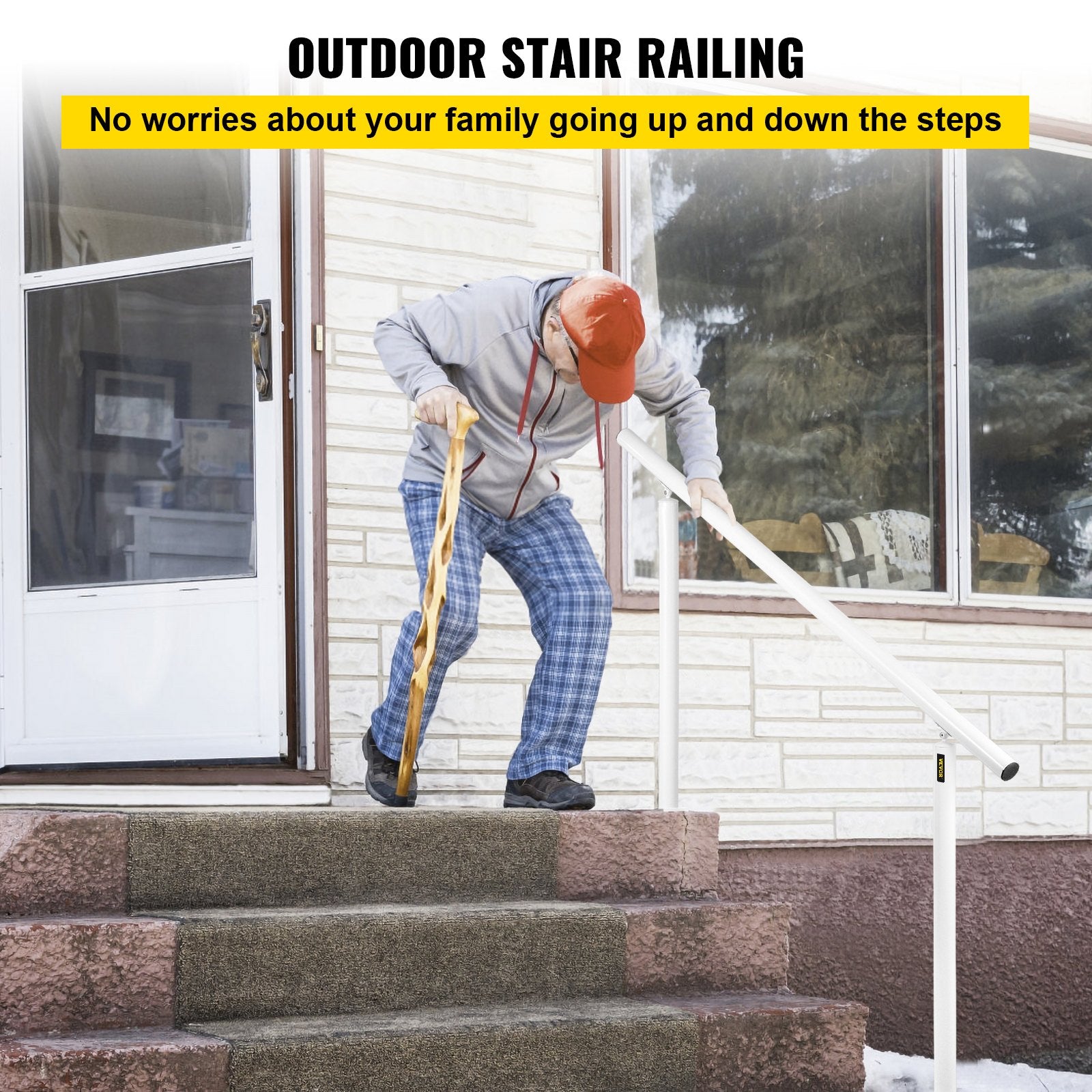 VEVOR Outdoor Stair Railing Kit, 5 FT Handrails 0-5 Steps, Adjustable Angle White Aluminum Stair Hand Rail for The Elderly, Handrails for Outdoor Steps