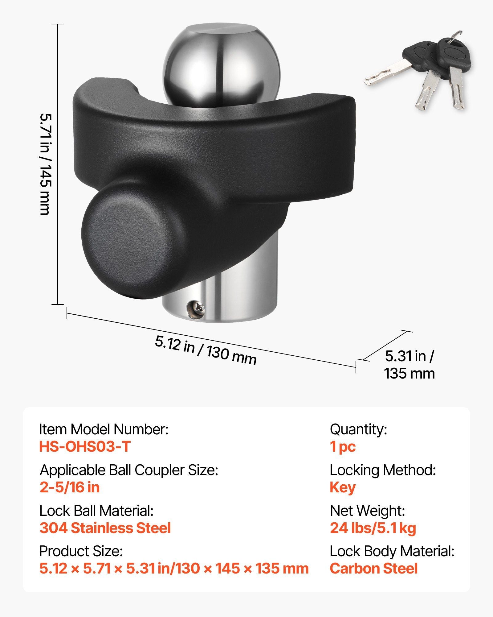 Trailer Hitch Lock, Compatible with 58.7 mm Couplers, Heavy-Duty Anti-Theft Trailer Ball Lock with 3 Keys, Prying-Resistant & Impact-Resistant, Fits for RVs, Boats, Off-Road Vehicles, Trailers