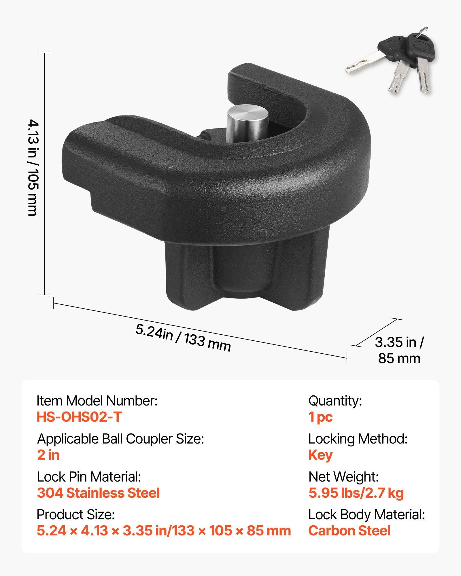 Trailer Hitch Lock, Compatible with 50.8 mm Couplers, Heavy-Duty Anti-Theft Trailer Ball Lock with 3 Keys, Prying-Resistant & Impact-Resistant, Fits for RVs, Boats, Off-Road Vehicles, Trailers