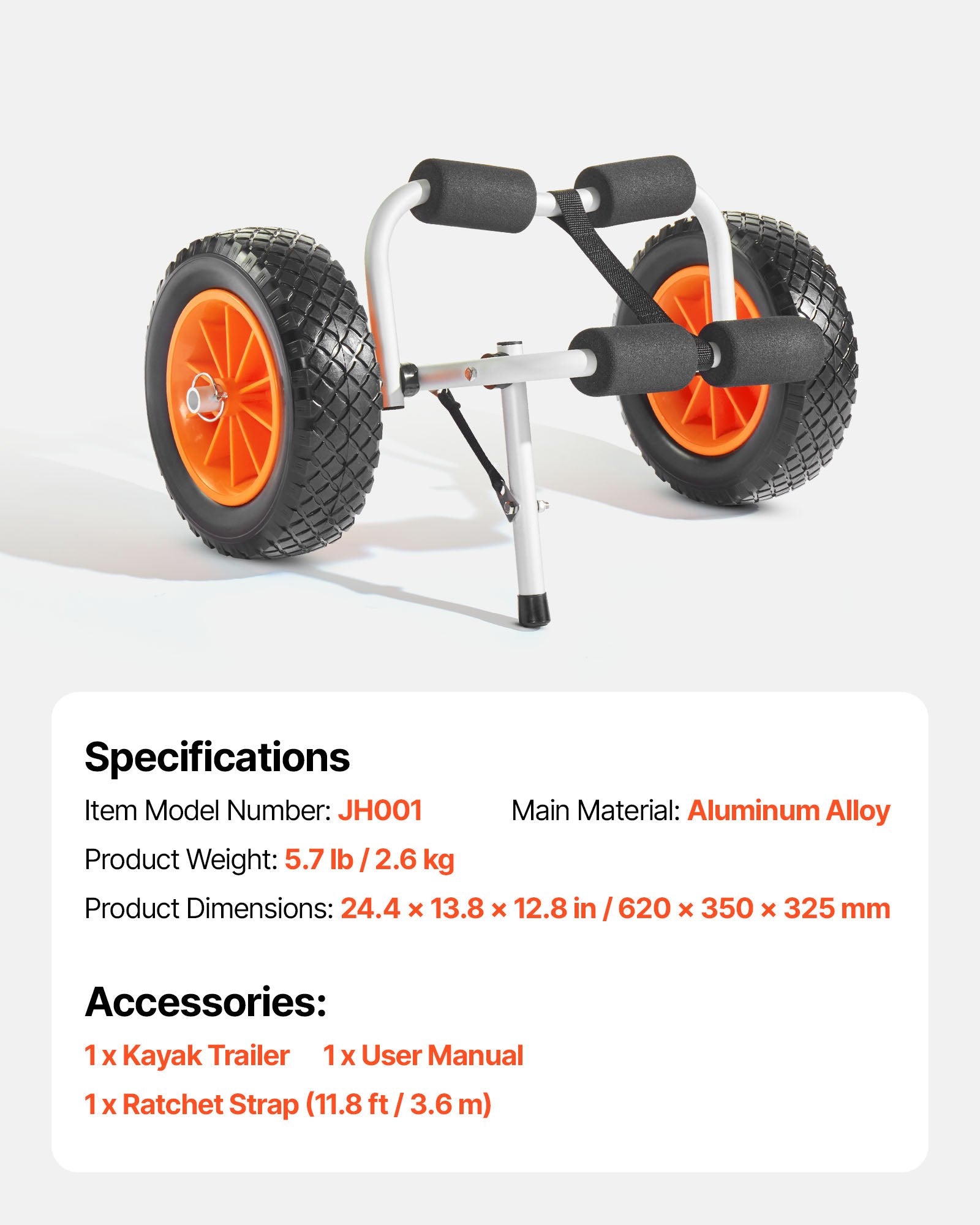 VEVOR Kayak Cart, 90 kg Load Capacity, Foldable Kayak Trolley with 25.4 cm Solid Rubber Tires & 1 Ratchet Strap, Paddle Board Trolley for Carrying Kayaks, Canoes, Paddleboards, Float Mats, Jon Boats
